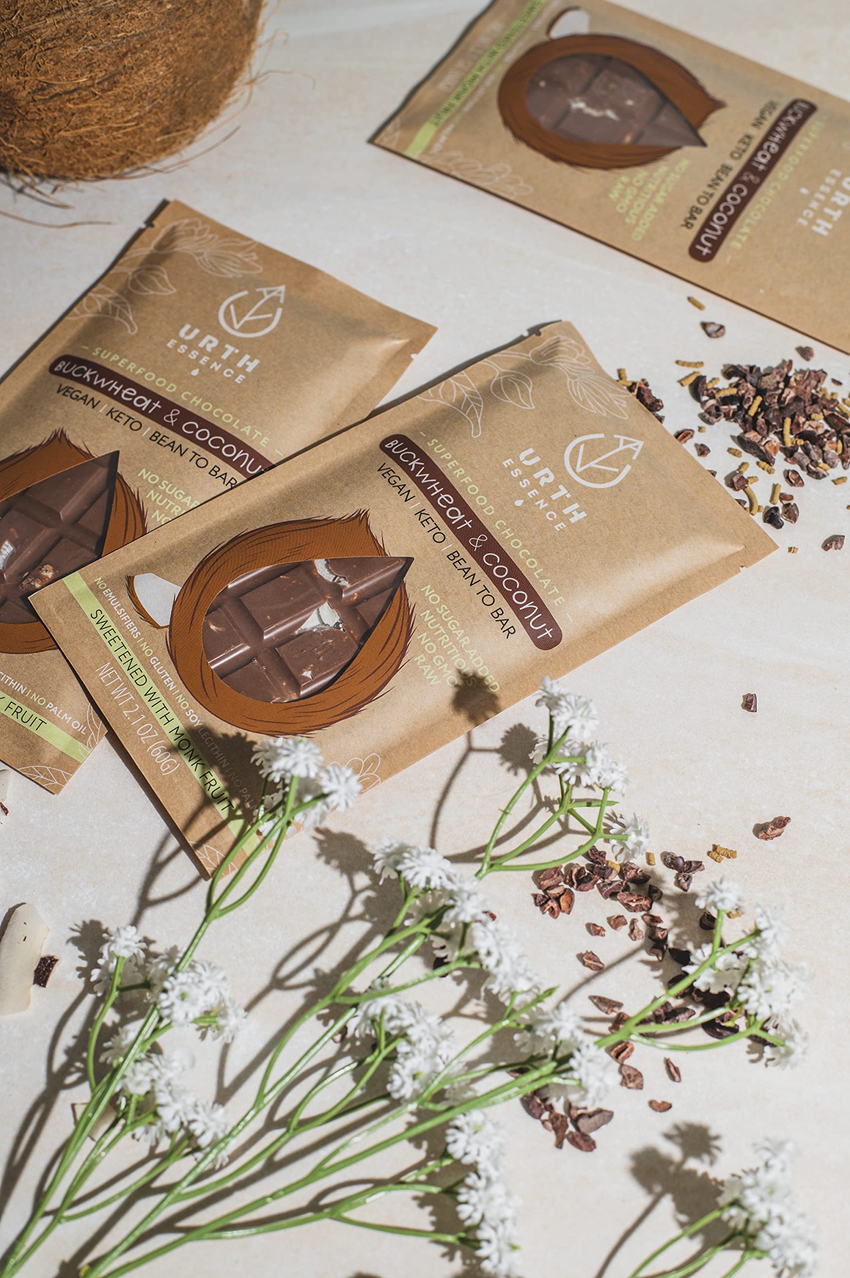 Organic Vegan Chocolate Bars - Sugar Free, Keto Friendly, Dairy Free & Gluten Free Healthy Snacks | Urth Essence Keto Chocolate with Coconut Buckwheat | Perfect for Vegan Gifts, Low-Carb Diet & Healthy Lifestyle