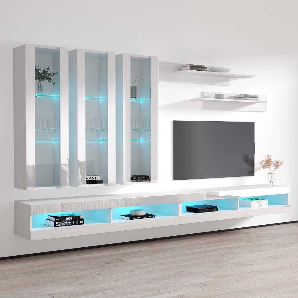 Modern White Wall-Mounted TV Stand with Storage Shelves & LED Lights - Floating Entertainment Center Console for Bedroom & Living Room - Perfect for Small Spaces & Home Theater Setup - Meble Furniture Fly E3 34