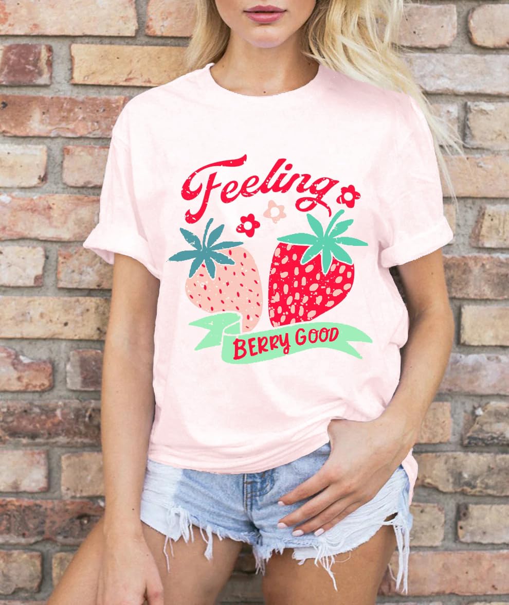 LBP Women's Cute Strawberry Graphic T-Shirt - Fruit Lover Casual Tee with 'Feeling Berry Good' Print - Perfect for Summer Outfits, Girls Day Out & Casual Wear