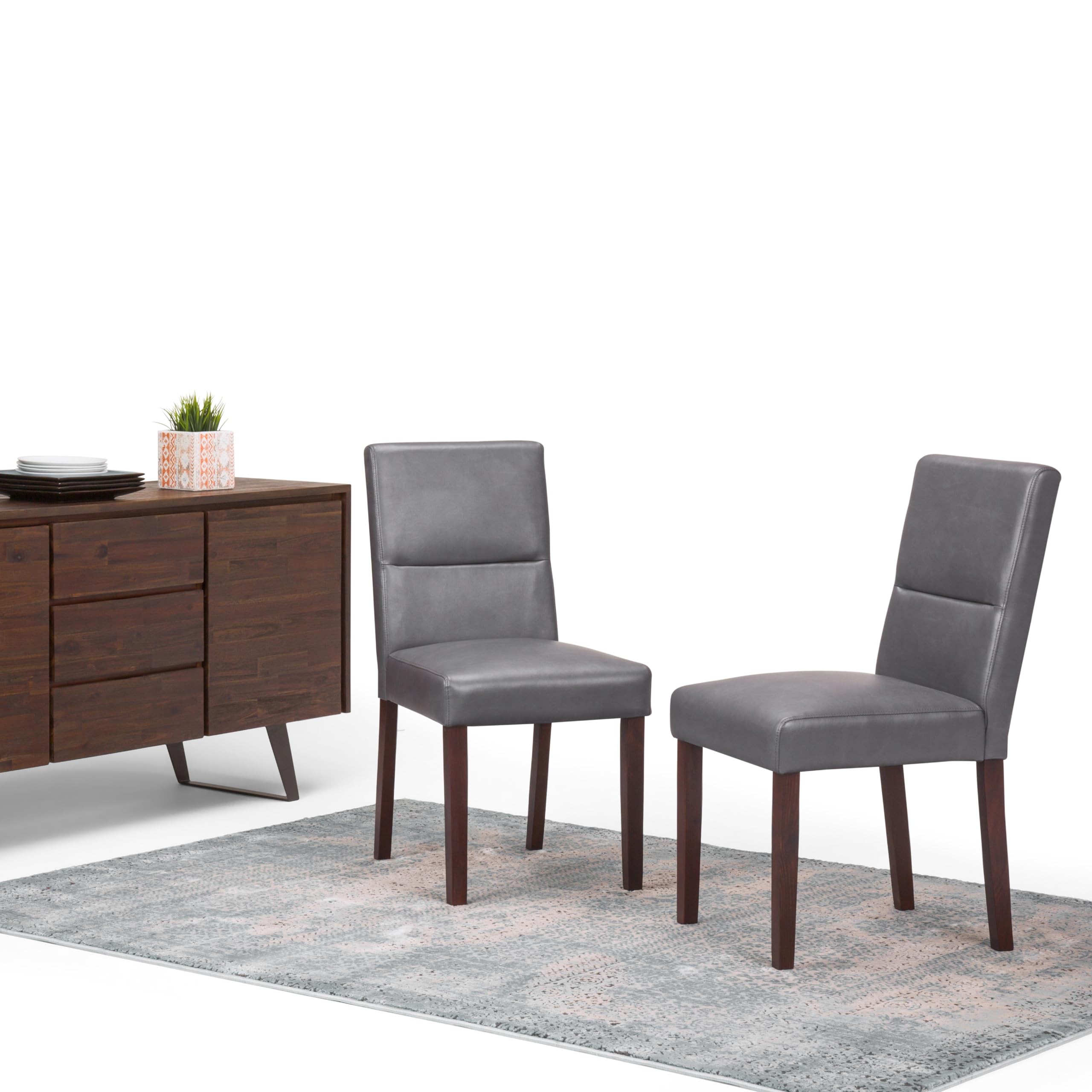 SIMPLIHOME Ashford Parson Dining Chair Set - 2 Pack Solid Wood Vegan Leather Upholstered High Back Chairs in Stone Grey (23