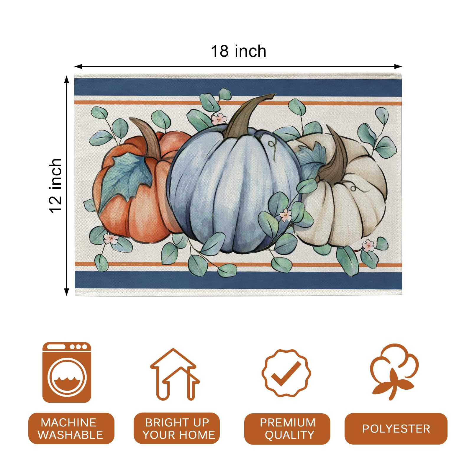 Seliem Fall Thanksgiving Blue White Pumpkin Placemats Set of 4 - Autumn Harvest Eucalyptus Leaves Dining Table Mats - Seasonal Kitchen & Home Decor (12x18 Inch) - Perfect for Thanksgiving Dinner, Fall Table Setting & Holiday Home Decoration