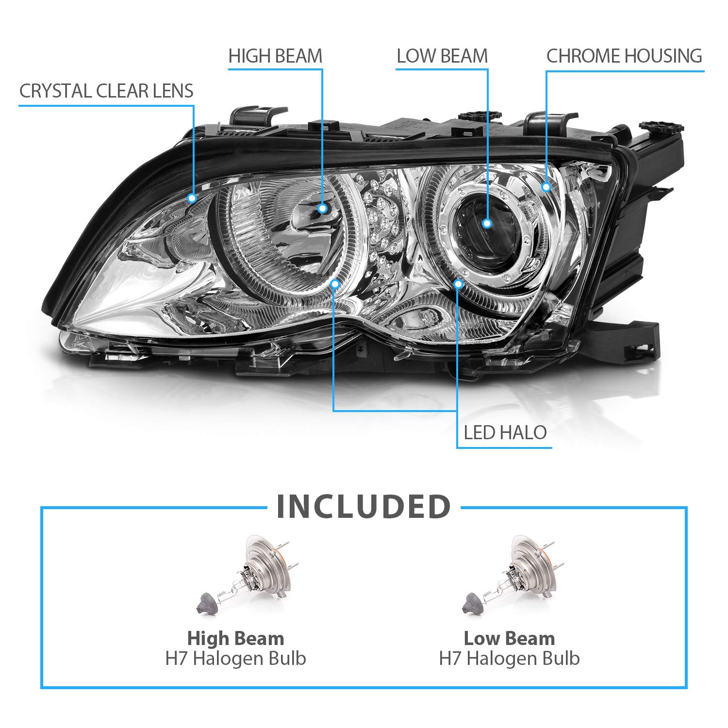 AmeriLite BMW E46 Halo Projector Headlights - Chrome Pair for 02-05 Models - Upgrade Your Ride
