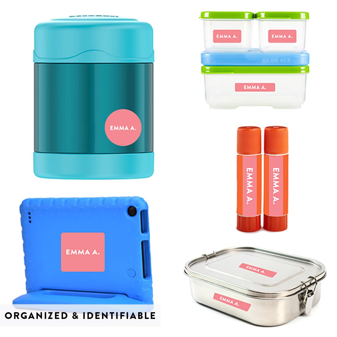 Andaz Press Custom Personalized Waterproof Labels - 120 Pack Coral Name Stickers for Kids | School Supplies, Preschool & Daycare Organization | Perfect for Lunch Boxes, Water Bottles & Backpacks