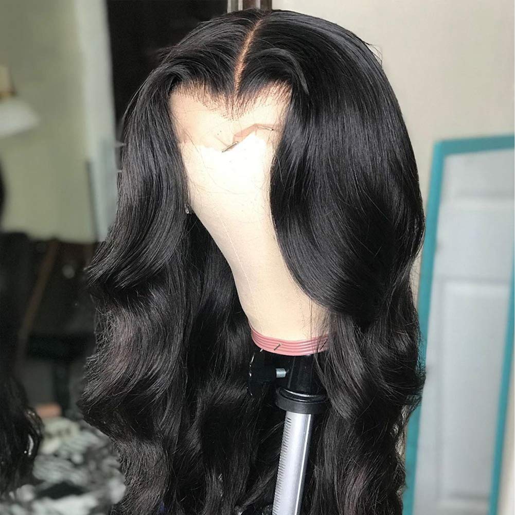 Jet Black Brazilian Human Hair Wig - T Part Lace Front Wig with Pre Plucked Hairline & Baby Hair, Body Wave 22