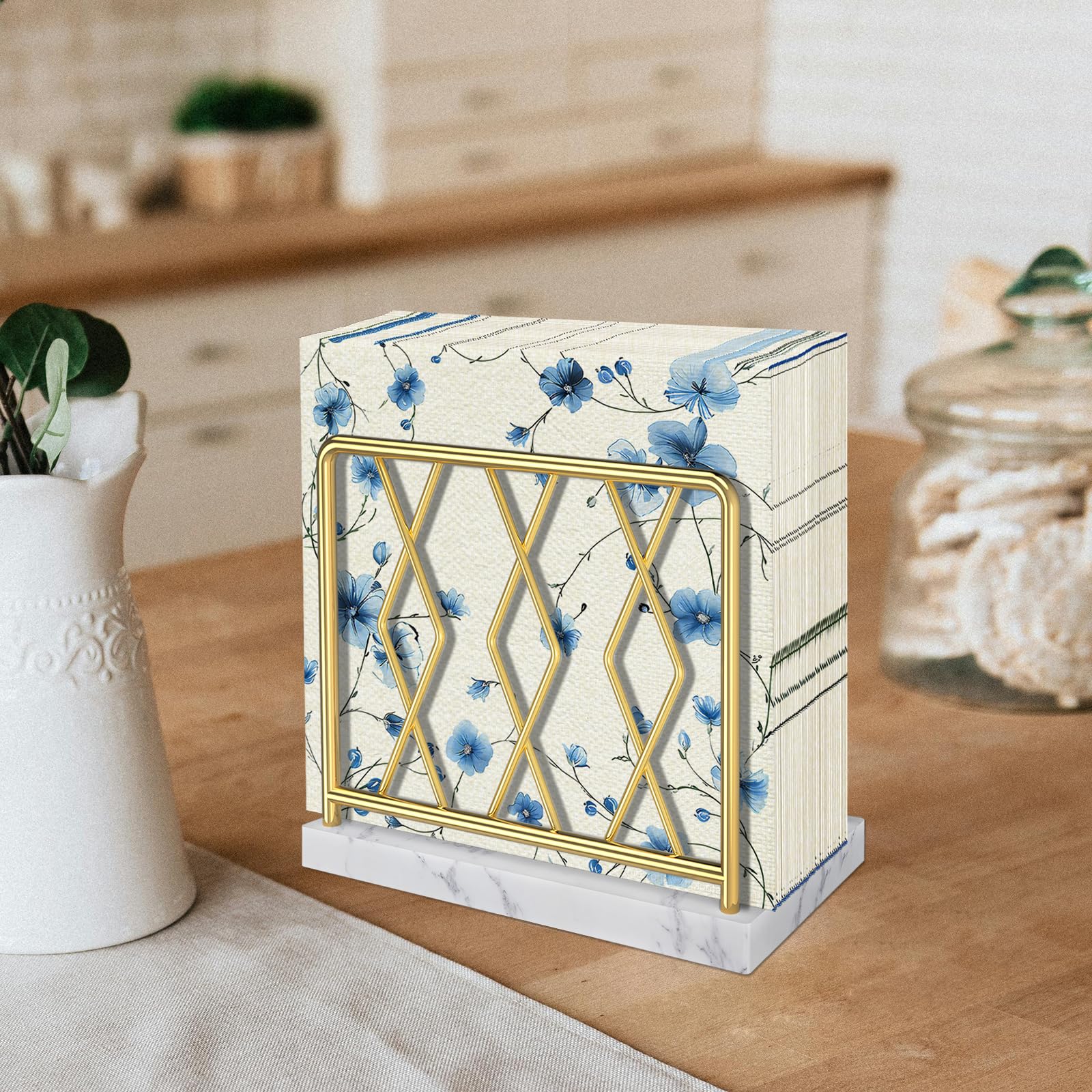 Elegant Marble Napkin Holder for Kitchen & Dining Table - Gold Metal Tissue Dispenser for Modern Home, Bar, Picnic & Cocktail Party Decor
