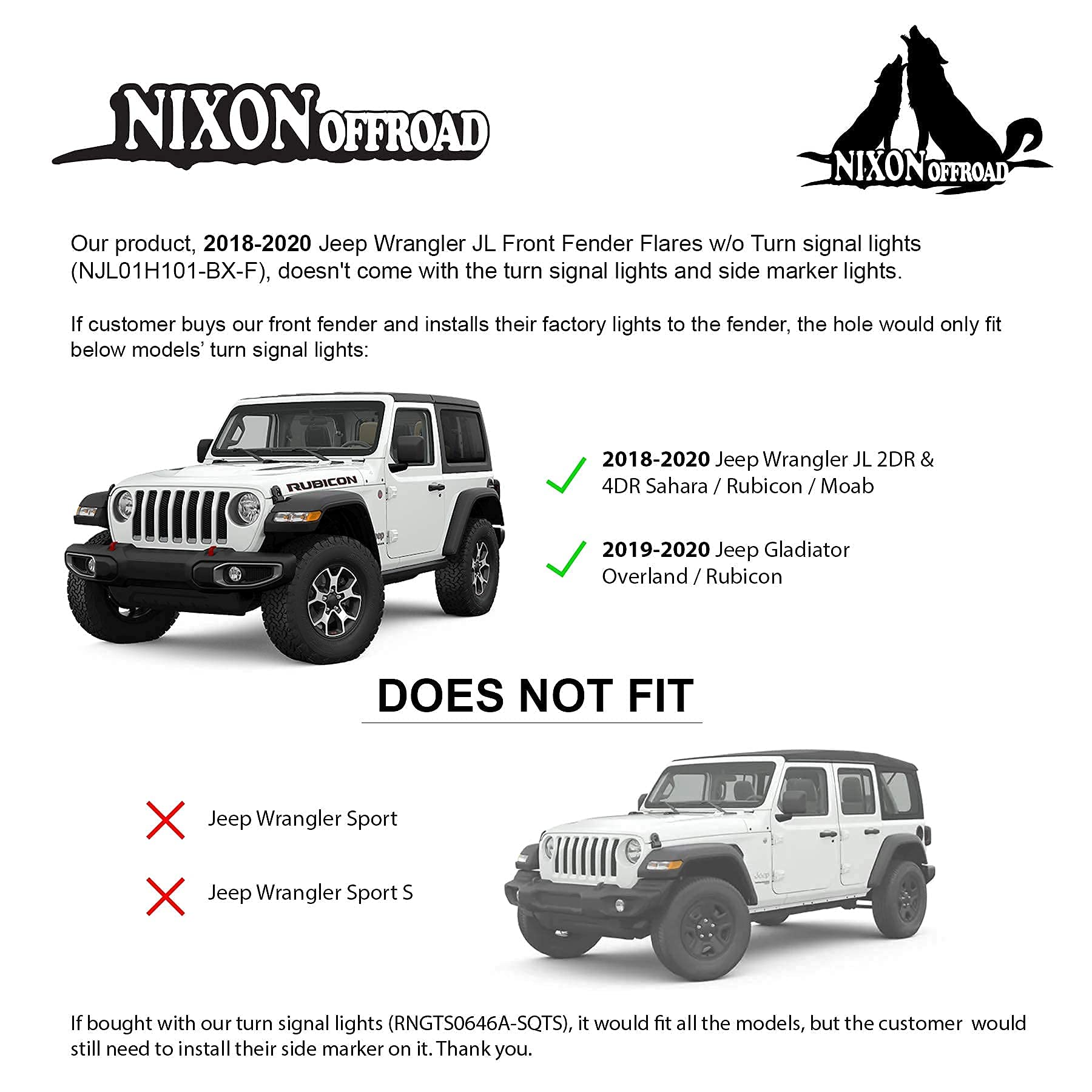 NIXON OFFROAD Front Fender Flares for Jeep Wrangler JL (2018-2025) - Heavy Duty Matte Black Wheel Arch Covers for Off-Road & Adventure Driving
