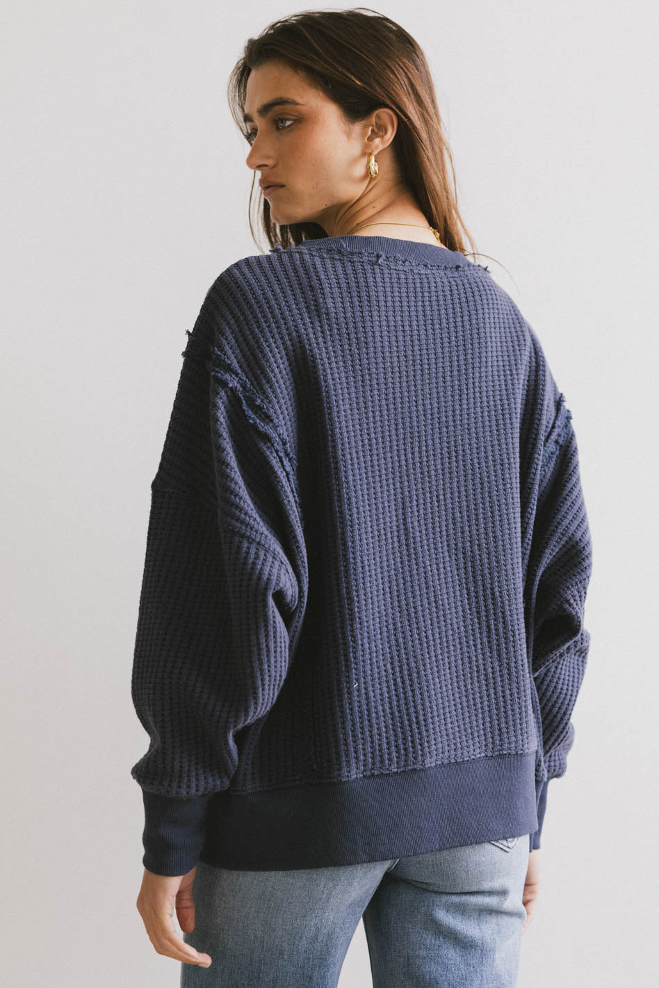Ellis Waffle Knit Top Women's Long Sleeve Crewneck Sweater - Navy Blue Casual Winter Pullover for Work, Date Night & Cozy Outfits