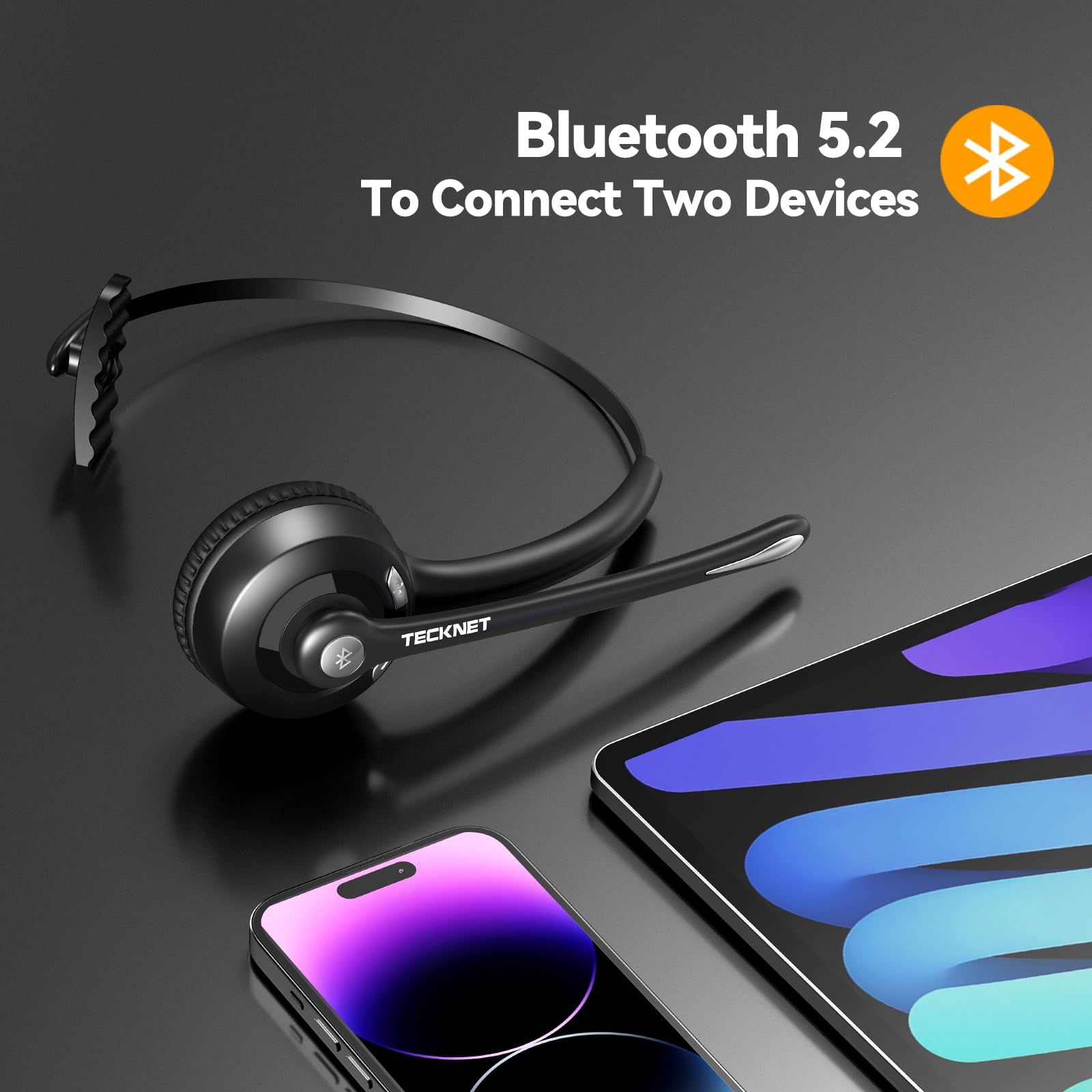 TECKNET Bluetooth Headset - Wireless On-Ear Headphones with Noise Cancelling Mic for Truckers | Hands-Free Headset with Mute Function for Phone Calls | Perfect for Long-Haul Driving, Office Work & Online Meetings