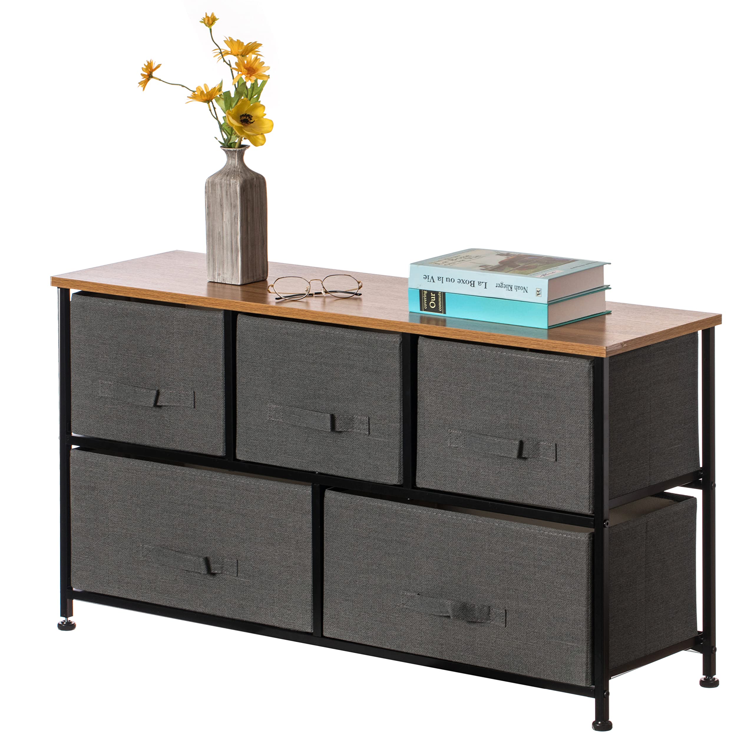 Basicwise Charcoal Gray 5-Drawer Fabric Storage Unit with Wooden Top - Organizer Tower for Bedroom, Closet & Office (2 Bin Sizes) - Perfect for Clothes, Toys & Home Organization