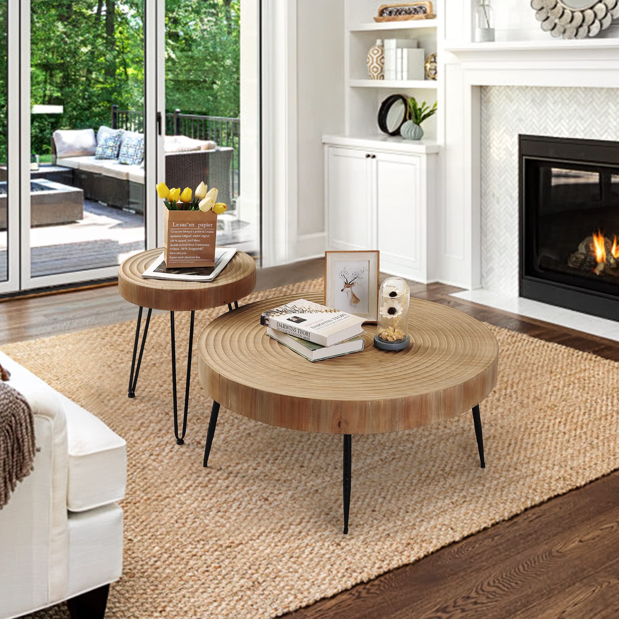 RUSTOWN 2-Piece Farmhouse Round Coffee Table Set - Modern Natural Wood Finish Cocktail & Side Tables for Living Room - Perfect for Home Decor, Cozy Gatherings & Small Spaces (Helical, Natural)