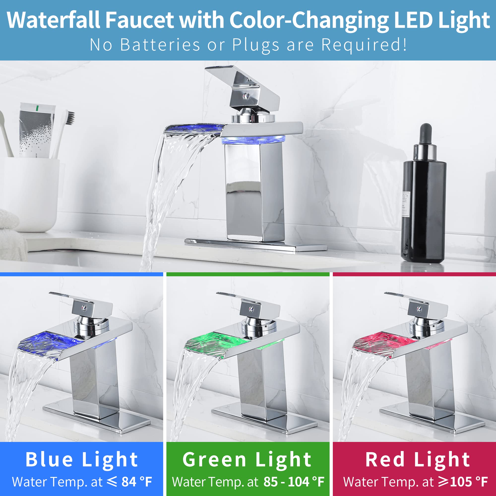 LED Bathroom Sink Faucet with Temperature Lights - Chrome Waterfall Faucet for Modern Bathrooms