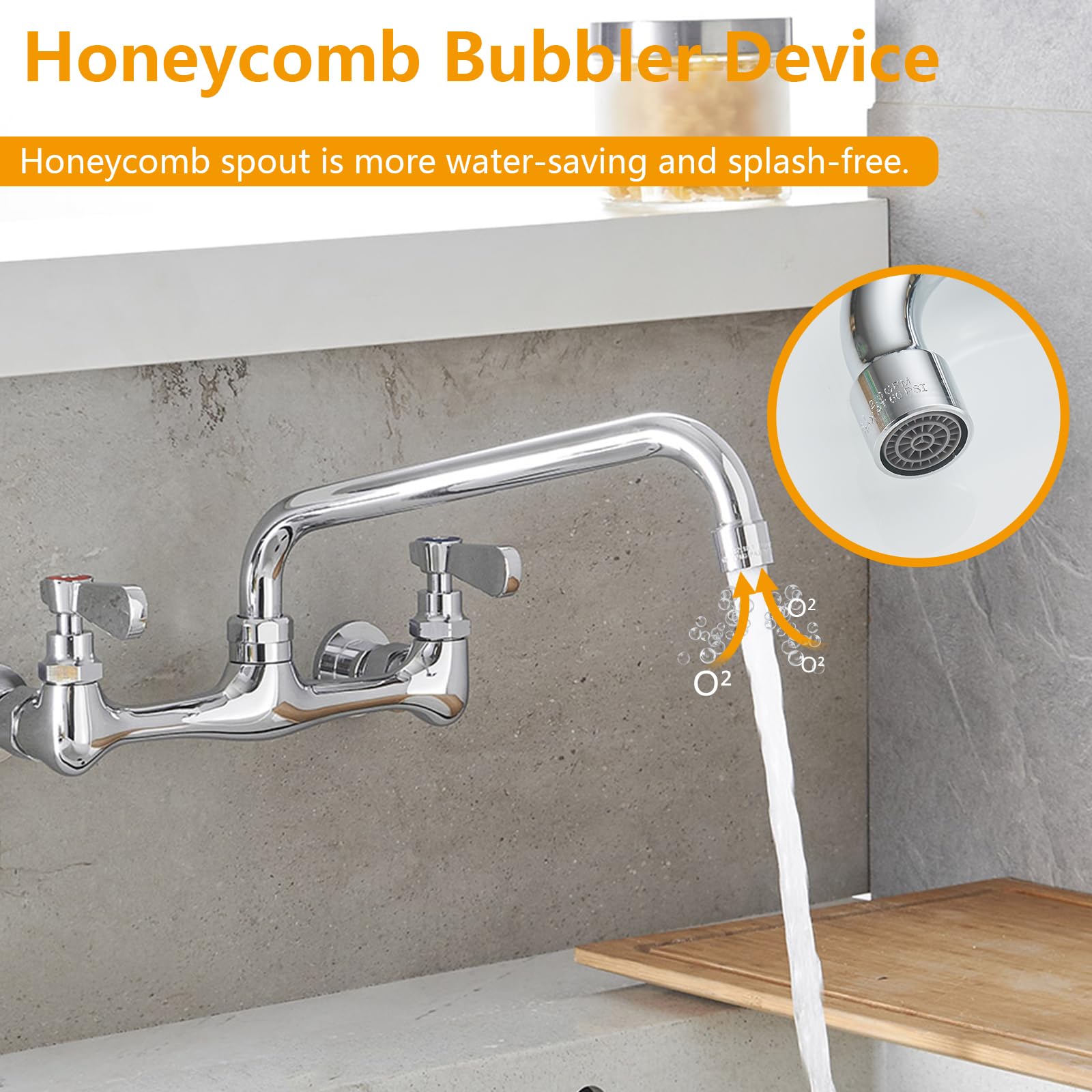 8 Inch Wall Mount Commercial Kitchen Sink Faucet - Double Handle Bar Laundry Utility Faucet with Swivel Spout, Chrome Mixer Tap for Restaurants, Bars & Home Kitchens