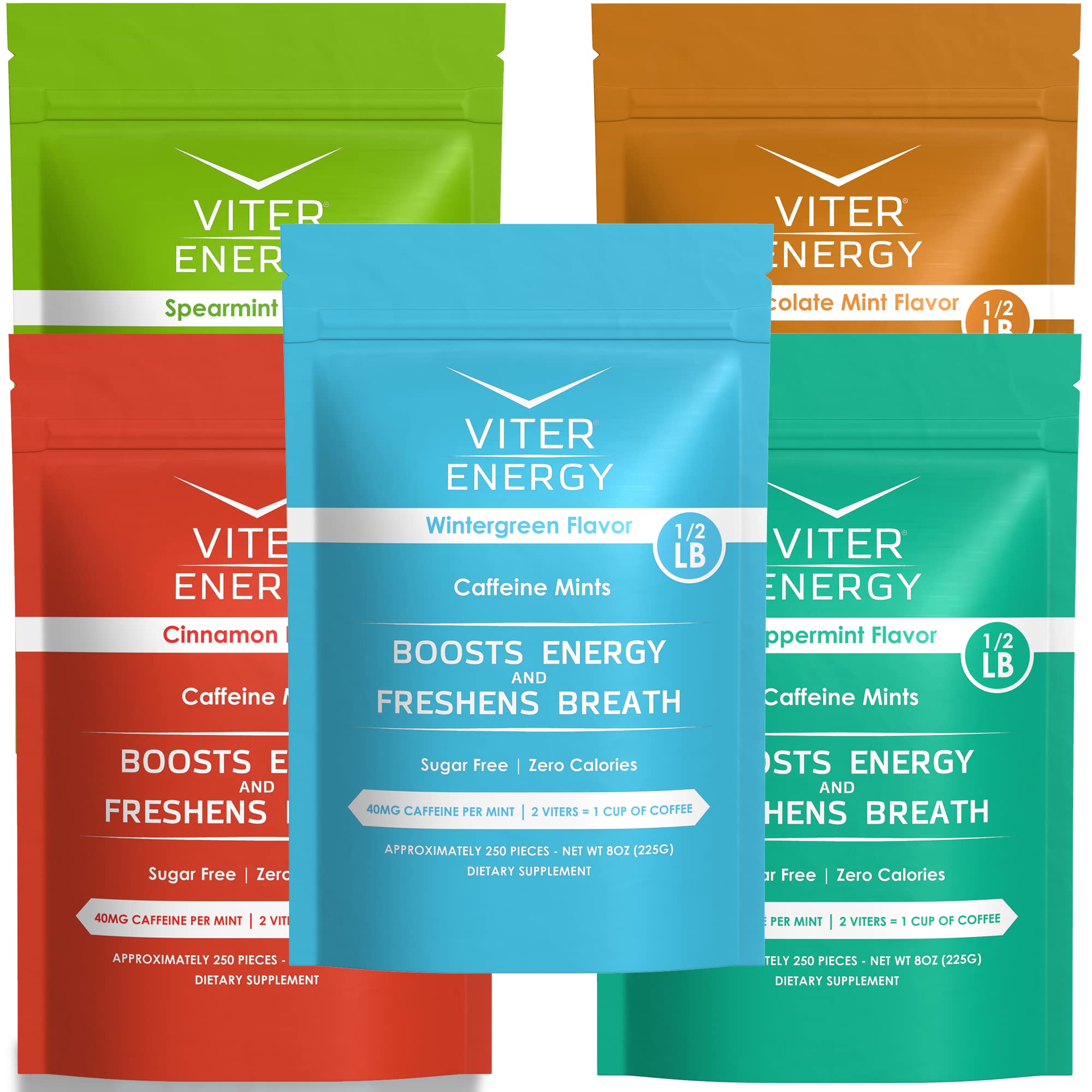 Viter Energy Original Caffeine Mints - 5 Flavor Variety Pack (1/2 Pound Bulk Bag) | 40mg Caffeine Per Mint with B Vitamins | Sugar-Free, Vegan Energy Booster for Focus & Alertness | Perfect for Workouts, Studying, and Long Drives