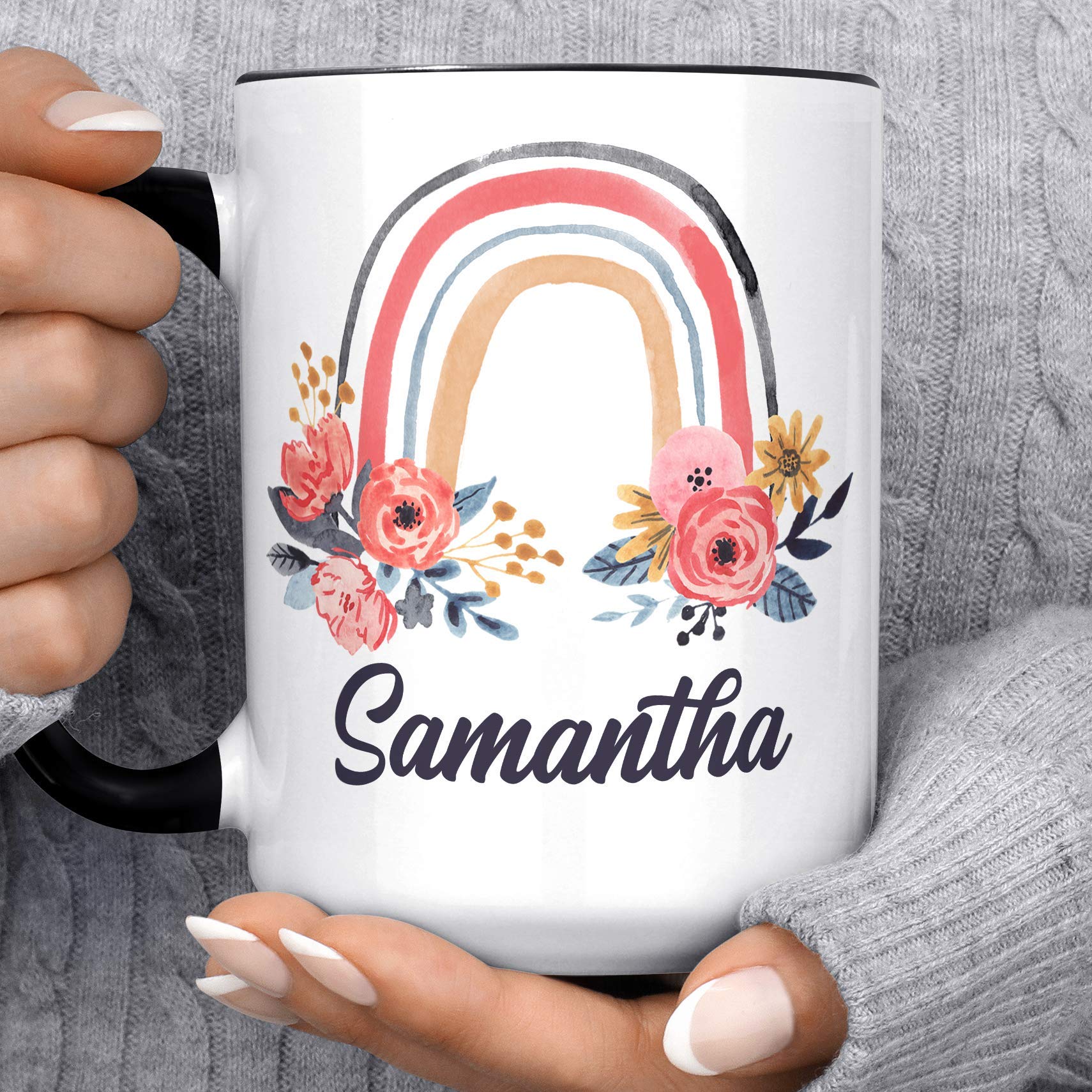 Rainbow Floral Name Coffee Mug - Colorful Flowers Ceramic Cup | Personalized Gift for Mom, Women, Friends | Microwave & Dishwasher Safe | Perfect for Coffee, Tea, Office Use & Home Decor