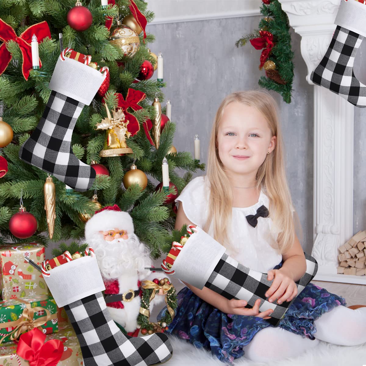 8 Pack Christmas Stockings - 18 Inch Buffalo Plaid Personalized Stockings for Family Holiday Decor | White Cuff Black & White Plaid Stocking Set | Perfect for Xmas Party, Fireplace Mantel & Gift Exchange
