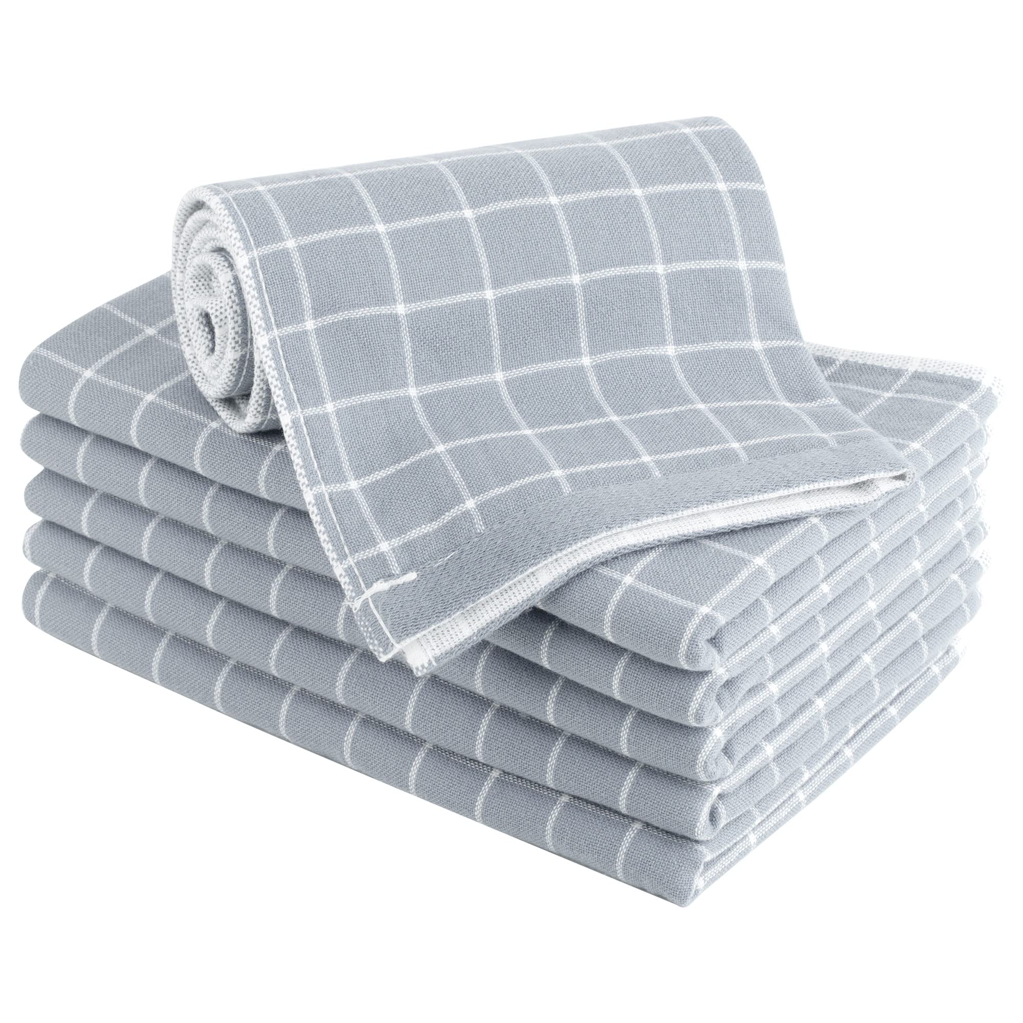 PiccoCasa 6-Pack 100% Cotton Terry Kitchen Towels | Super Absorbent Dish Towels (13x29 Inch) | Soft Plaid Pattern for Drying Dishes & Cleaning | Perfect for Cooking, Baking & Everyday Kitchen Use - Gray