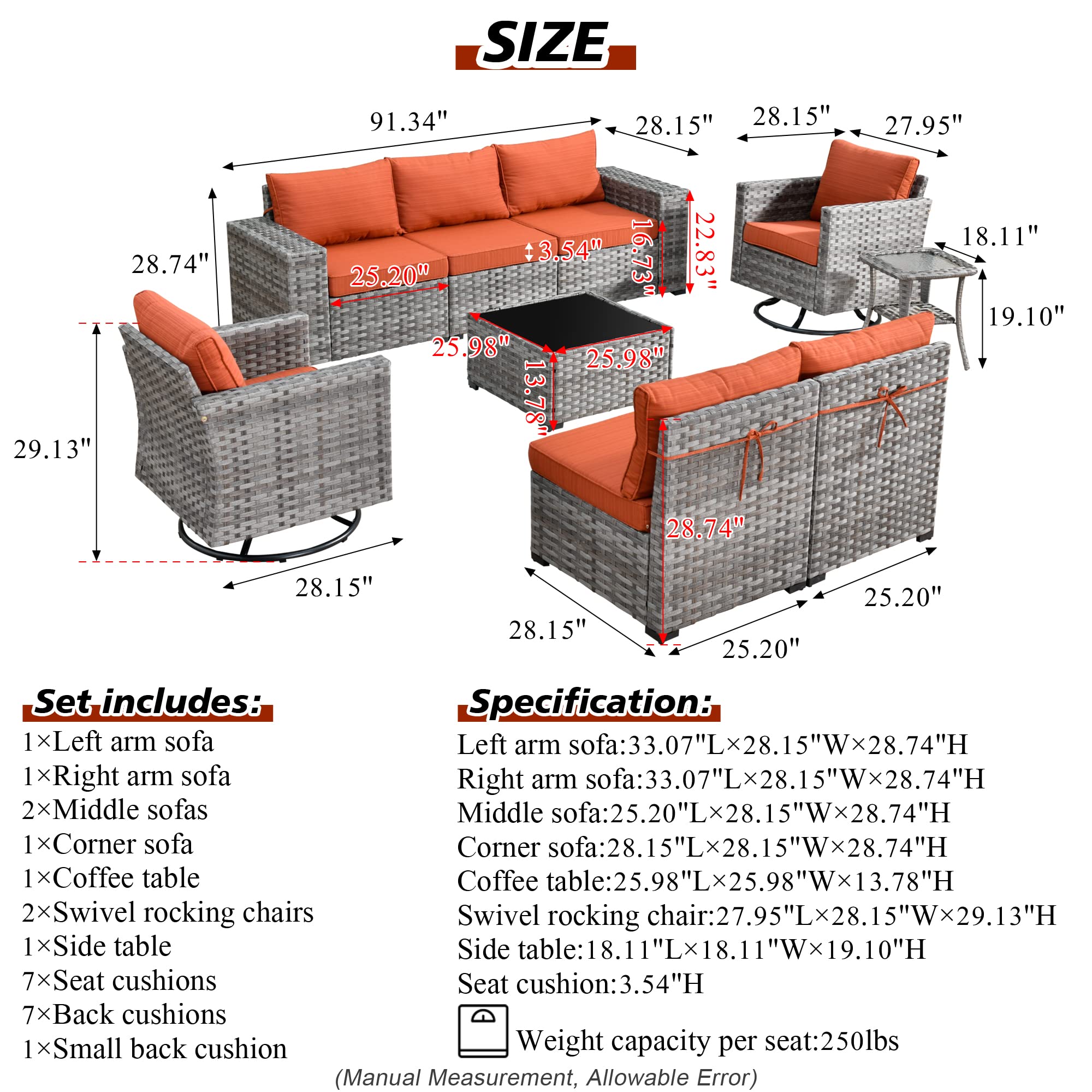 **9-Piece Modern Outdoor Patio Sectional Sofa Set with Swivel Rocking Chairs & Widened Armrests - Modular Wicker Conversation Seating for Garden, Backyard, or Poolside (Orange Red) - Perfect for Relaxing & Entertaining**