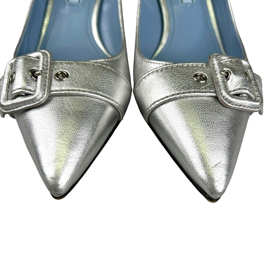 Prada Silver Buckle Kitten Heels - Women's Fashion Dress Shoes for Work, Party & Special Occasions