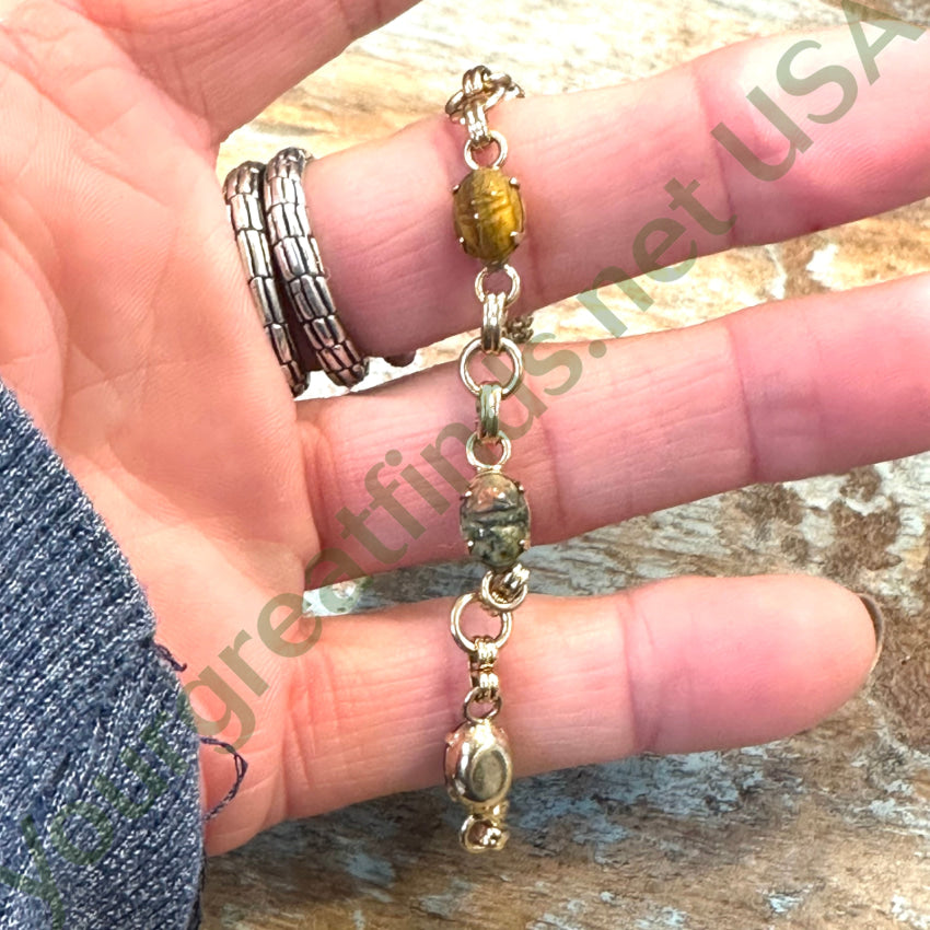 Vintage Karen Lynne 12k Gold Filled Gemstone Scarab Bracelet - Authentic Egyptian Revival Jewelry for Women, Perfect for Boho Fashion & Special Occasions