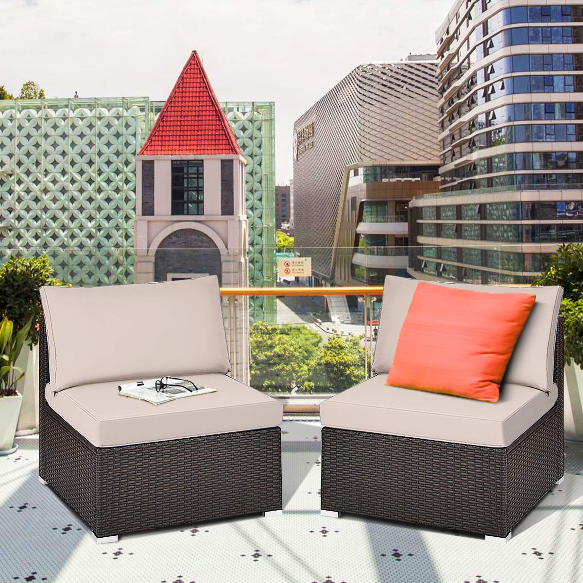 Tangkula 2-Piece Outdoor Wicker Armless Sofa Set with Thick Cushions - Patio Rattan Sectional Furniture for Balcony, Garden, Poolside & Backyard Relaxation (Black)