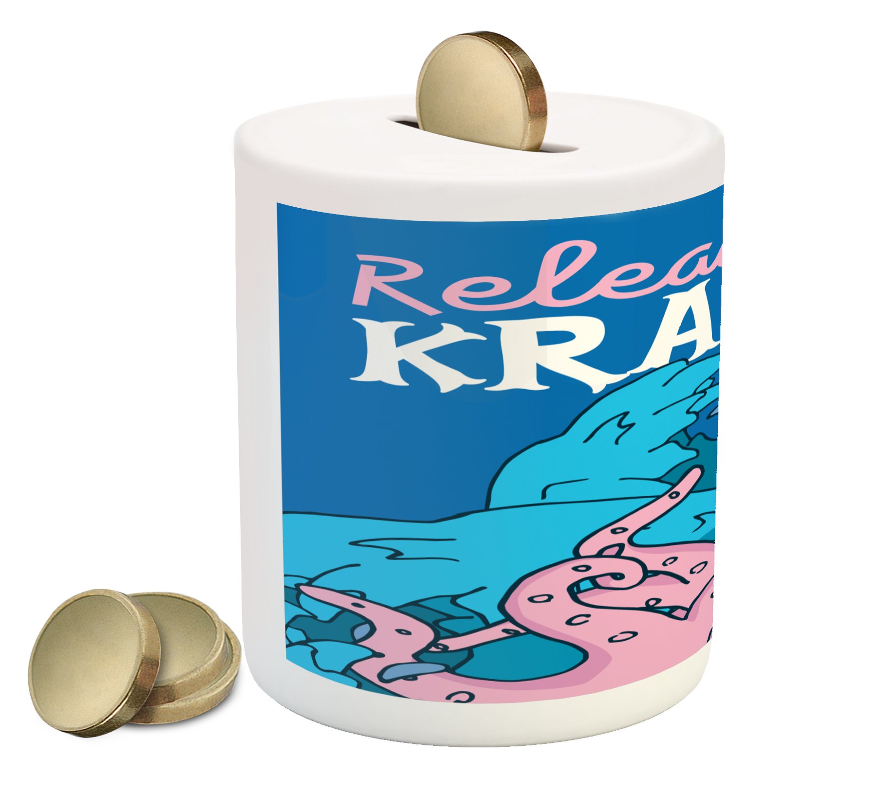 Ambesonne Kraken Piggy Bank - Ceramic Coin Bank with Grunge Modern Illustration, Motivational 'Release The Kraken' Print for Cash Saving (Pink & Royal Blue) - Perfect Gift for Kids, Teens & Home Decor