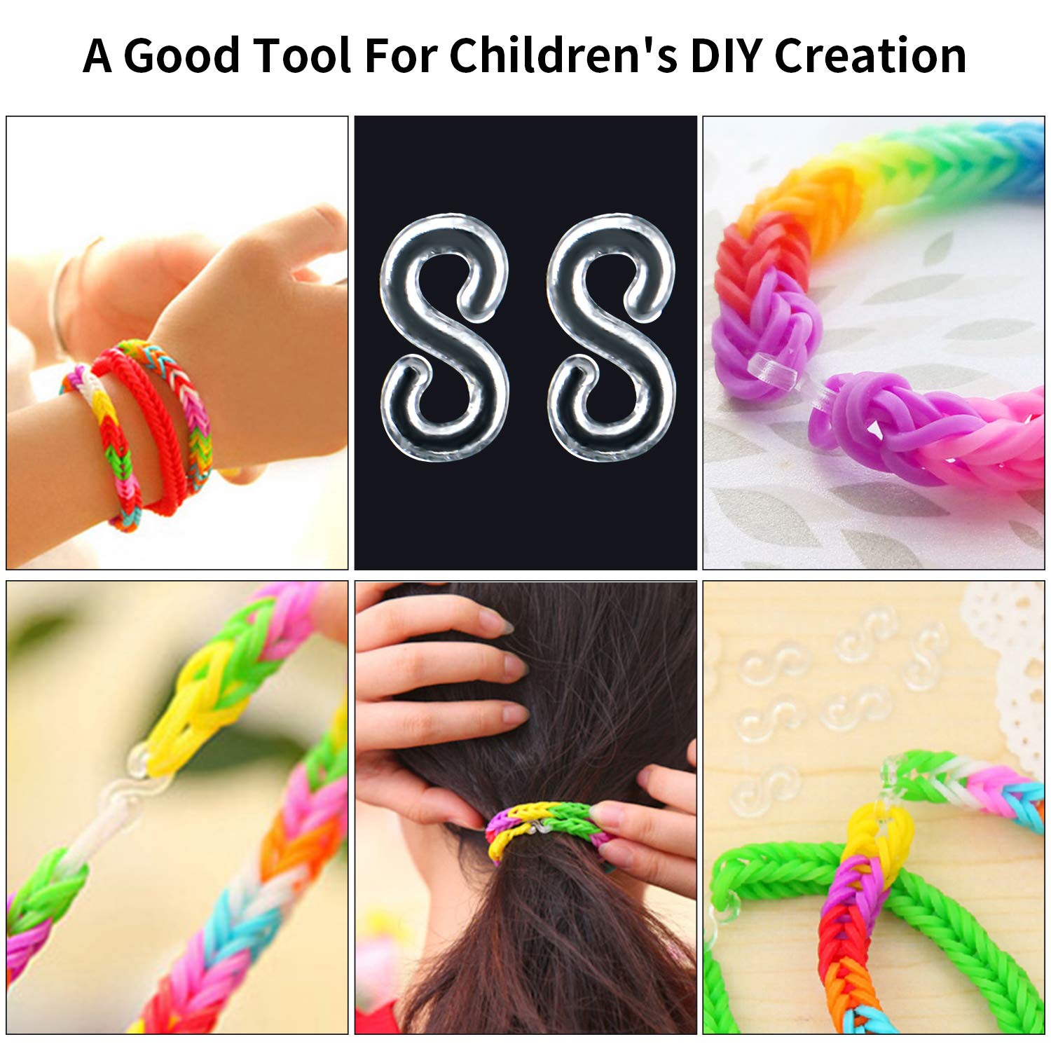 500-Piece Clear S Clips Rubber Band Connectors Kit - Plastic Loom Bands Clips for DIY Bracelet Making, Jewelry Crafting & Kids Art Projects