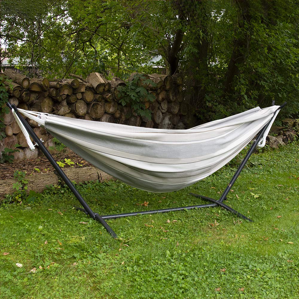 Vivere Double Sunbrella Hammock with Space-Saving Steel Stand - 450 lb Weight Capacity - Includes Premium Carry Bag (Dove) - Perfect for Backyard Relaxation, Camping & Beach Getaways