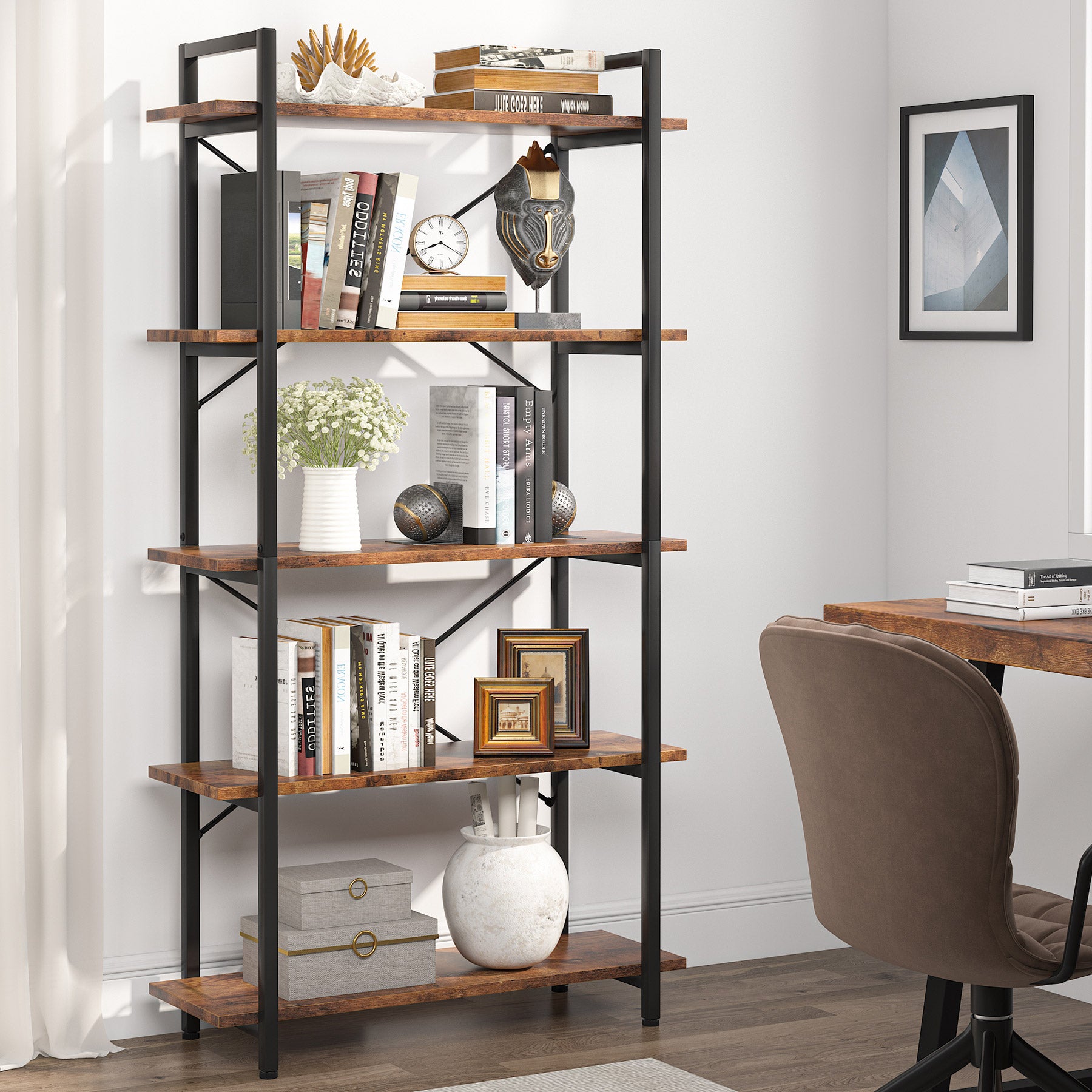 5 Tier Industrial Bookshelf - Brown Wooden Bookcase Display Shelf Unit for Living Room, Office & Home Decor