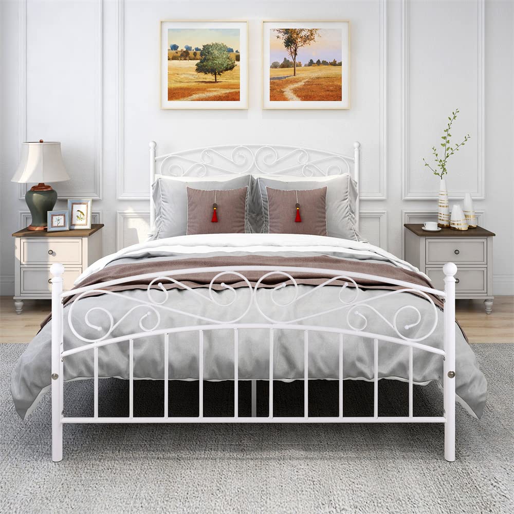 Queen Size Metal Platform Bed Frame with Victorian Style Headboard & Footboard - Sturdy Steel Slats Mattress Foundation with Under Bed Storage - No Box Spring Needed - White - Perfect for Modern Bedrooms, Guest Rooms & Small Spaces