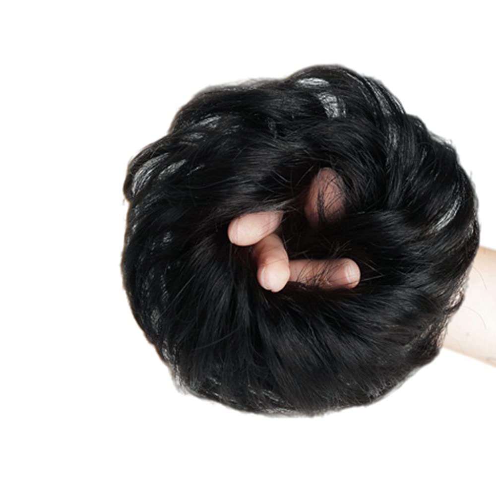 HOJI Messy Bun Hair Piece with Elastic Band - Synthetic Chignon Hair Bun Extensions & Scrunchies for Women - Tousled Updo Bun (Black) - Perfect for Parties, Weddings & Everyday Wear