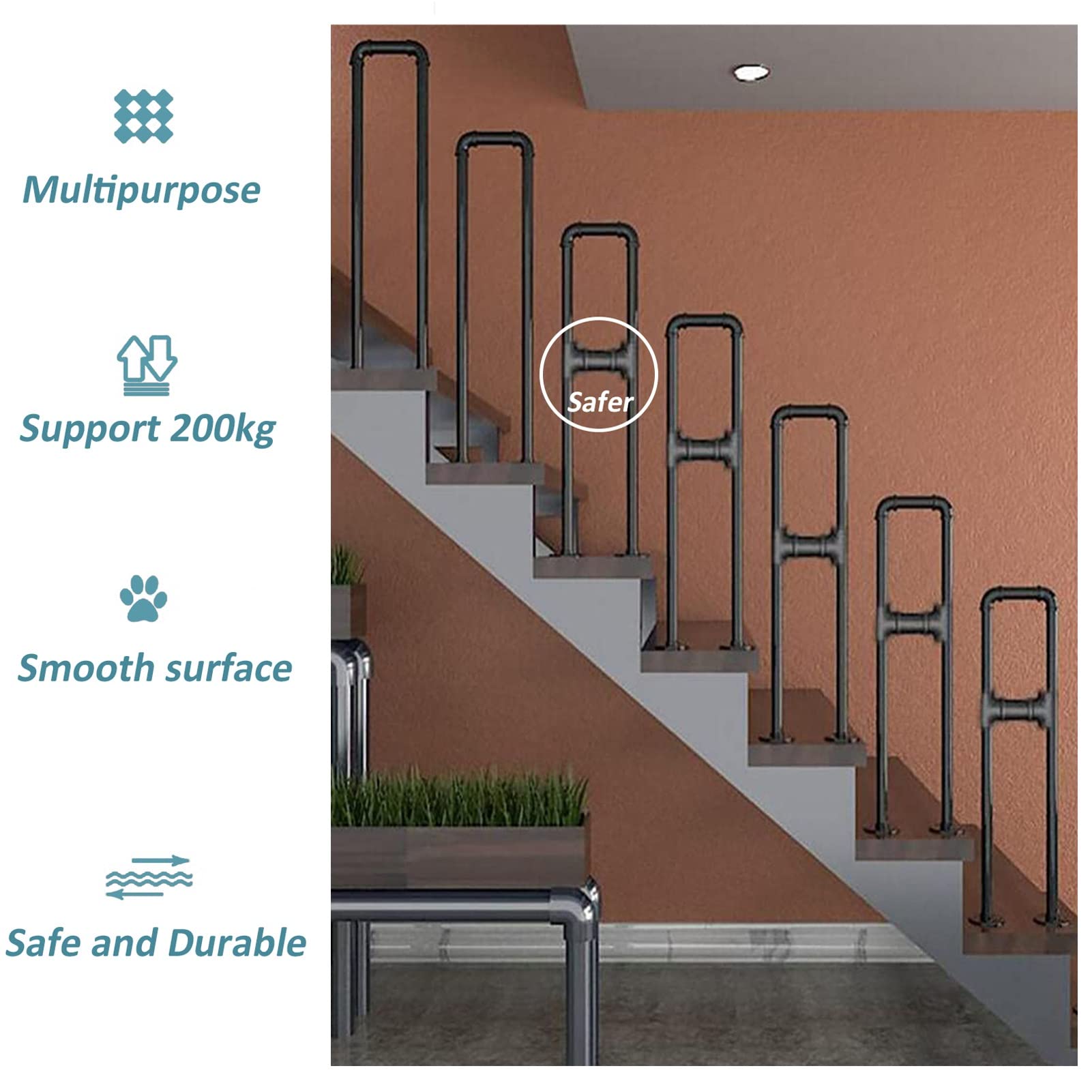 Outdoor Wrought Iron Stair Railing Handrail - Matte Black 3.3 FT for Deck Steps, Porch & Garden Stairs | Durable Metal Handrail for 1 Step | Weather-Resistant Exterior Stair Railing for Home Safety