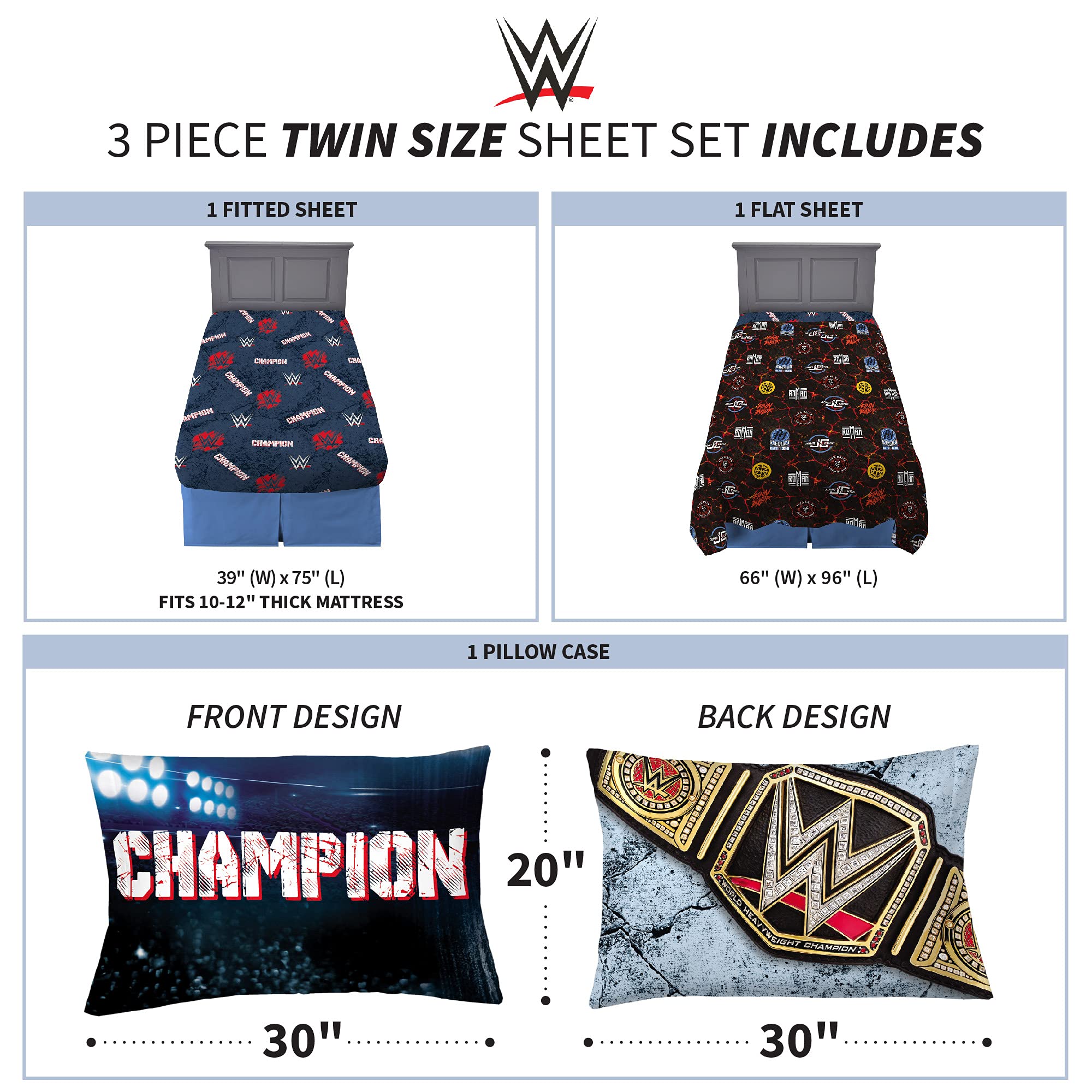 Franco Kids Bedding Sheet Set - Twin Size, WWE Themed, Soft & Breathable Cotton - Perfect for Boys' & Girls' Bedrooms, Sleepovers & Themed Room Decor