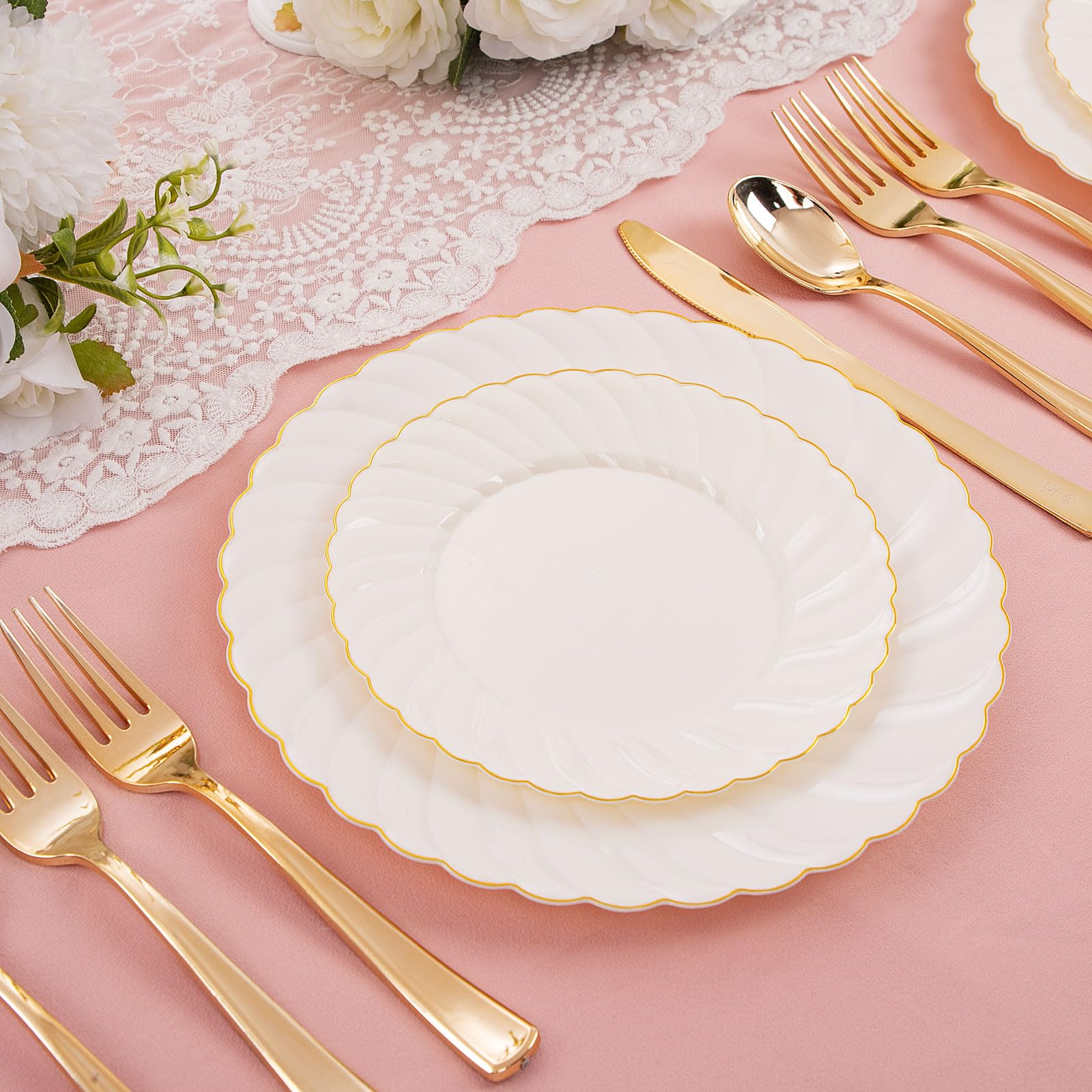 Premium 100-Piece Ivory Scalloped Plastic Plates Set with Gold Rim - Elegant Disposable Dinnerware for Parties, Weddings & Events - Includes 50x 9