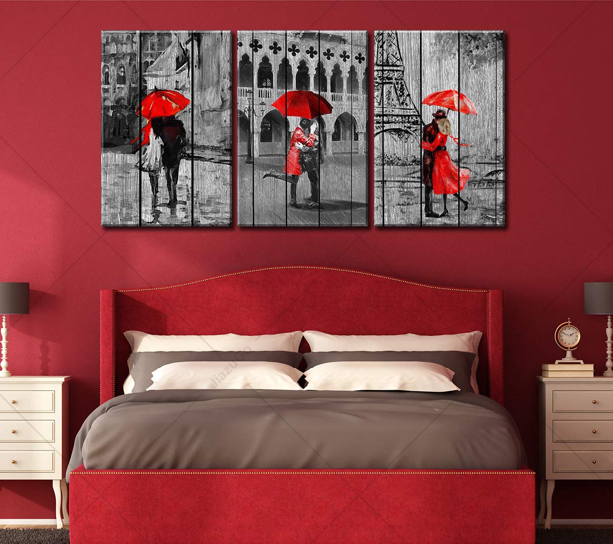JiazuGo - Romantic Red Umbrella Woman Painting, Paris Eiffel Tower Black & White Cityscape Art, Stretched Framed Canvas Wall Decor for Bedroom, Living Room, Valentine's Day Gift for Couples & Lovers | Perfect for Home, Office & Wedding Decor