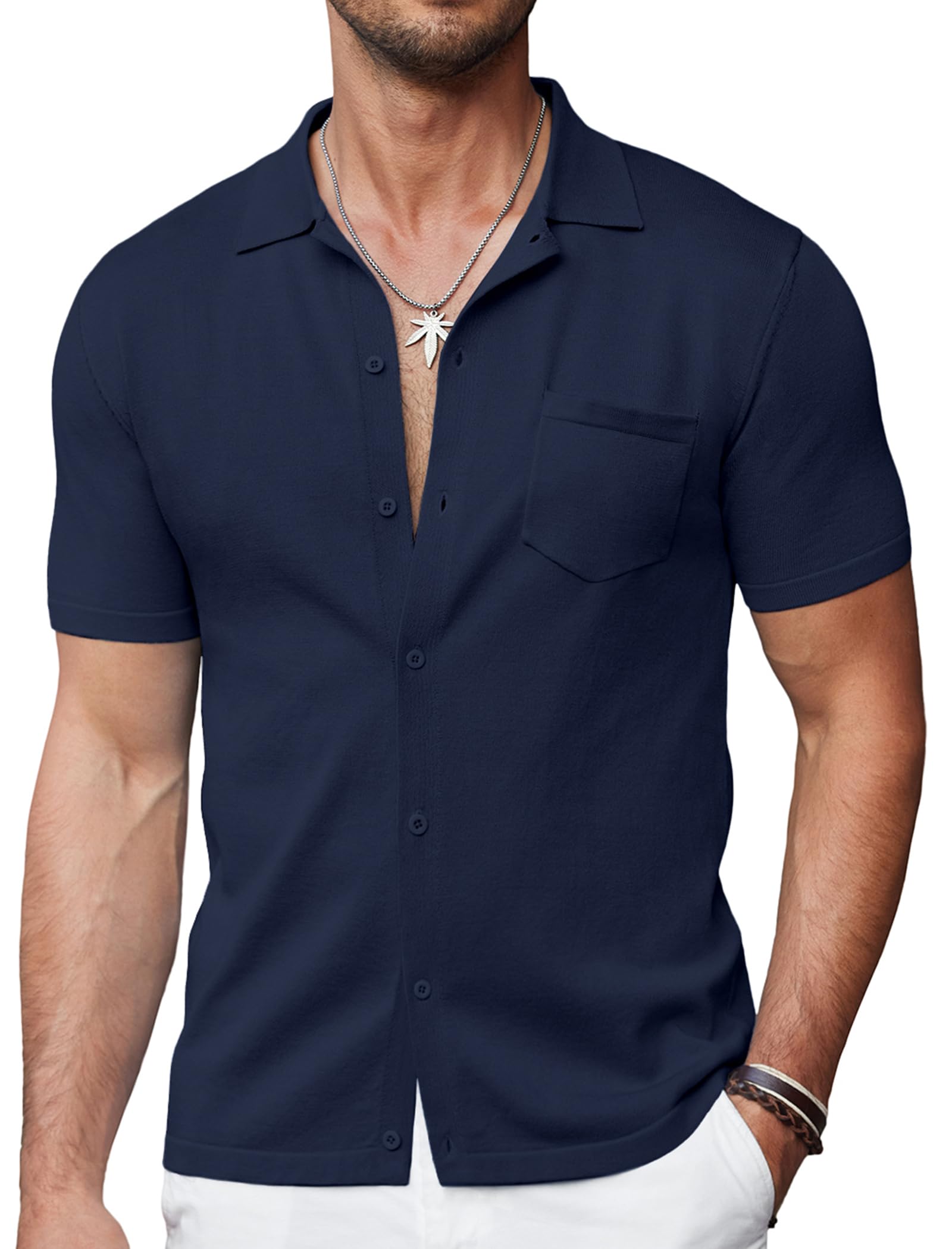 COOFANDY Men's Vintage Short Sleeve Button Down Polo Shirt - Casual Knit Top for Beach, Summer & Outdoor Activities | Breathable Comfort Fit
