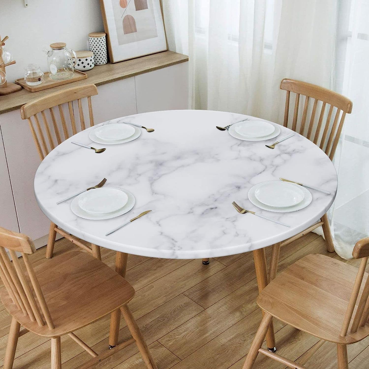 Fiokroo White Marble Texture Elastic Edge Round Tablecloth - Washable & Reusable Kitchen Dining Table Cover for Party, Picnic, Wedding (Small) - Perfect for Indoor Gatherings and Outdoor Events