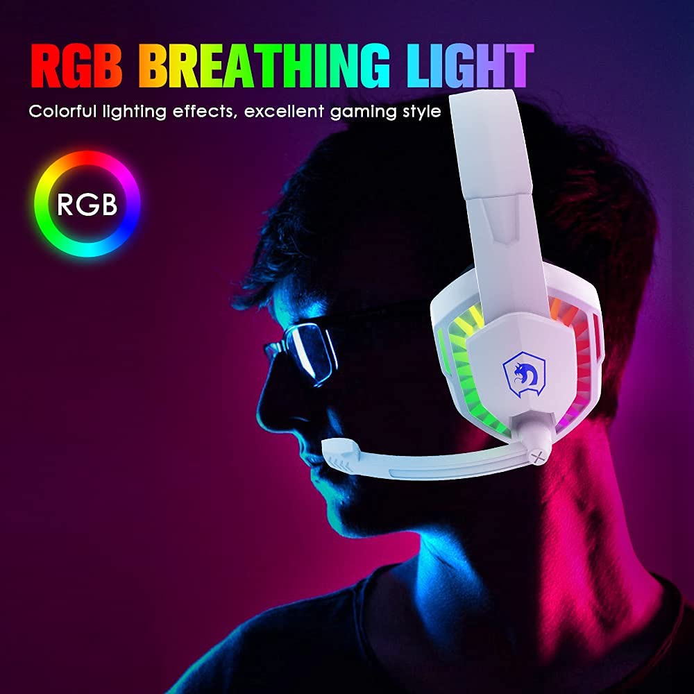 AJAZZ RGB Gaming Headset with Microphone - USB Wired PC Headphones for PS4, PS5, Laptop & Nintendo Switch - 3D Surround Sound, Noise Canceling Mic, Deep Bass & LED Backlight (White) - Perfect for Competitive Gaming & Online Streaming