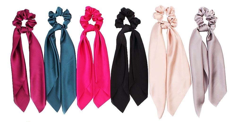 ASG Solid Color Cloth Scarf Rubber Bands - 6 Pack Long Ribbon Satin Hair Ropes & Elastic Scrunchies Hair Accessories for Women, Girls - Perfect for Ponytails, Braids, Buns and Everyday Styling