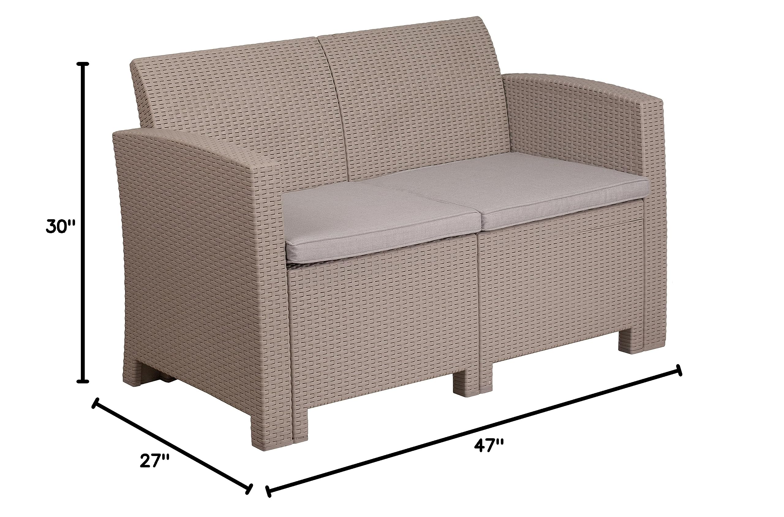 EMMA + OLIVER Light Gray Faux Rattan Loveseat with Cushions - Outdoor Patio Furniture for Garden, Porch & Balcony