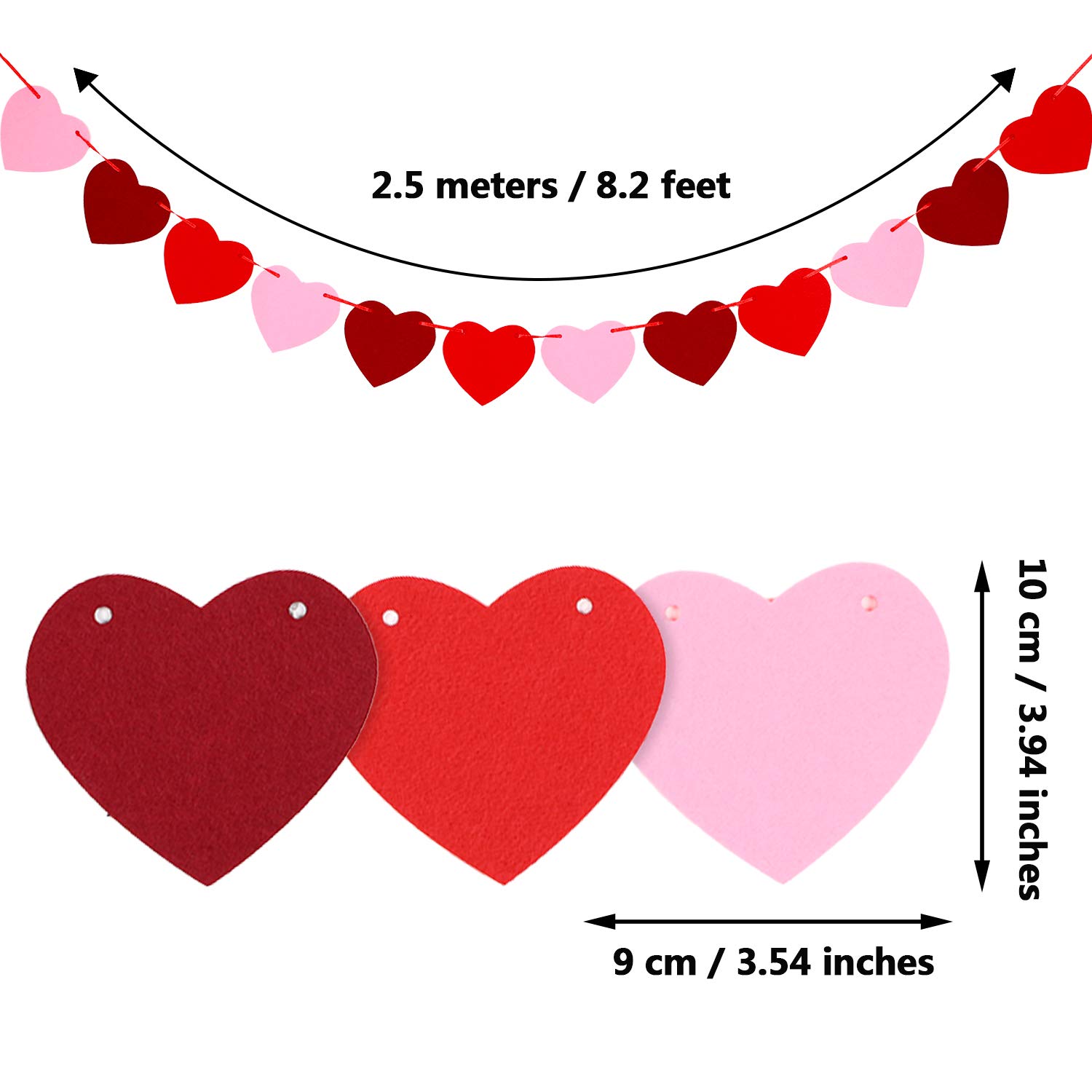 Tatuo Valentine's Day Heart Garland Decorations - Felt Heart Banner for Valentine's Day, Weddings, Birthdays & Parties (4-Pack) - Perfect for Home, Office & Holiday Decor