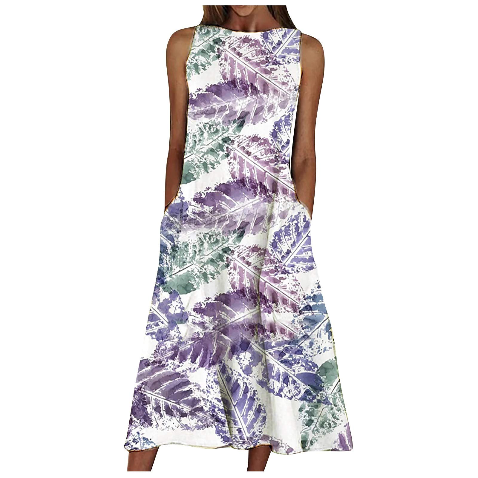 JINF Women's Summer Floral Print Sleeveless Dress with Pockets - Round Neck Casual Beach Dress for Vacation, Party & Outdoor Activities