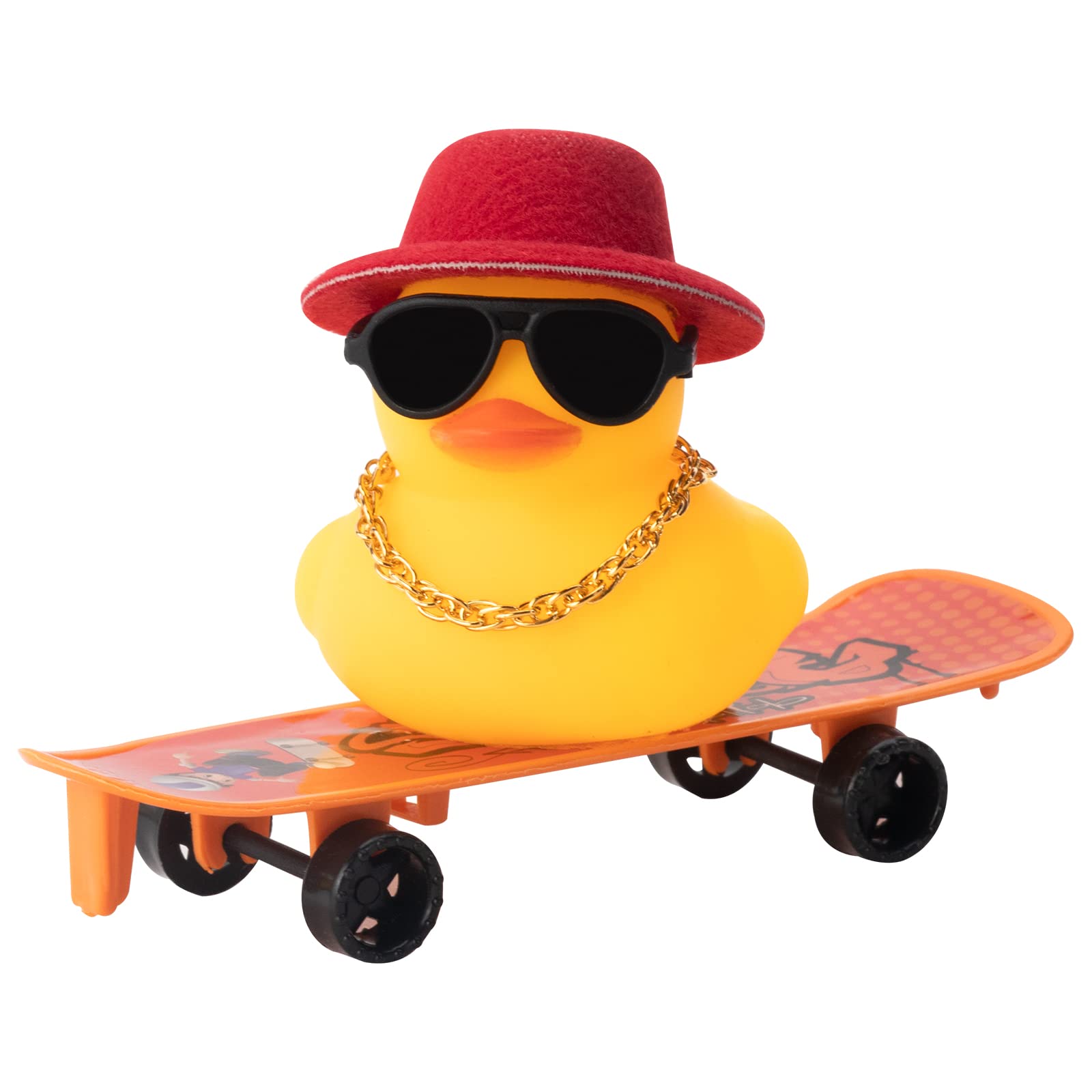 Wonuu Car Duck Ornament - Rubber Duck Dashboard Decoration with Mini Hat, Necklace, Sunglasses, Chair & Skateboard - Perfect for Car Interior Accessories and Gift Ideas