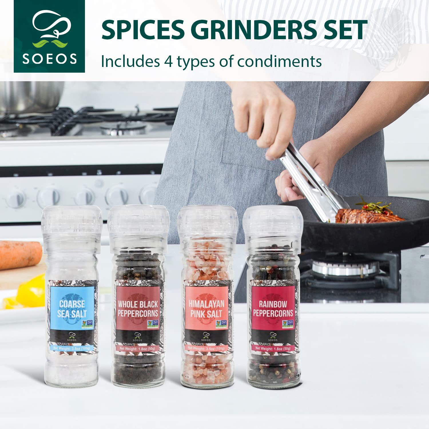 Premium Soeos Black Peppercorns & White Sea Salt Combo with Rainbow Peppercorns & Pink Himalayan Salt - 10.6oz (300.50g) Gourmet Salt and Pepper Grinder Set for Cooking, Seasoning & Kitchen Spice Collection - Perfect for Steak, Salad, Pasta & BBQ