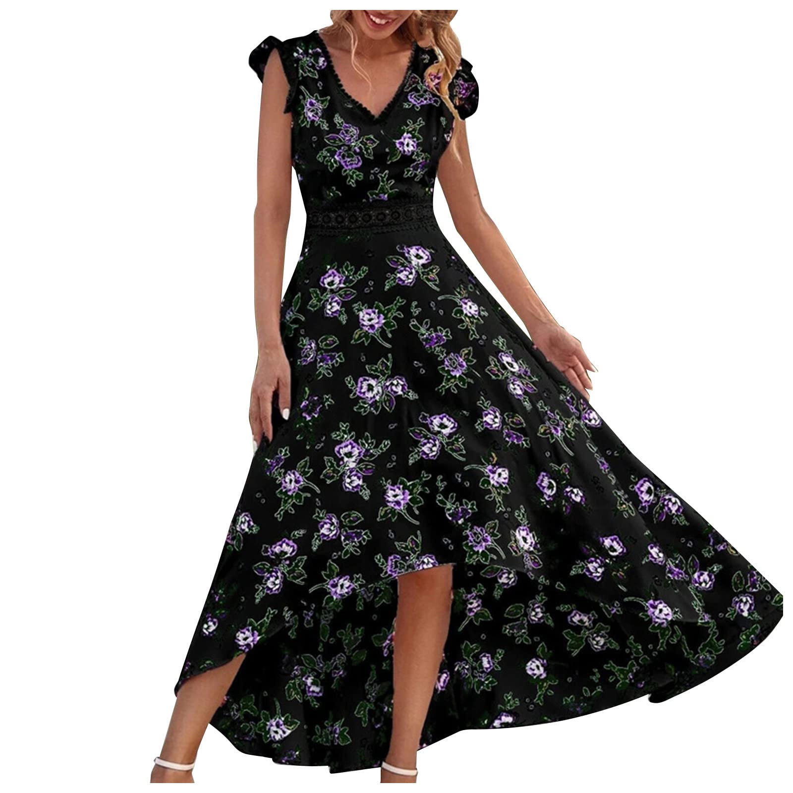Elegant Women's Wedding Guest Dress - Sleeveless Lace Stitching with Back Zipper & Flared Hem (Sizes L-3XL) | Perfect for Cocktail Parties, Bridal Showers & Formal Events