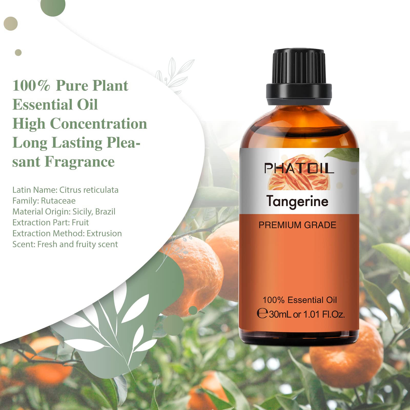Pure Natural Mandarin Essential Oil 30ml - 100% Pure Aromatherapy Oil for Diffusers, Humidifiers, Massage & Relaxation - PHATOIL Mandarin Oil for Stress Relief & Mood Enhancement