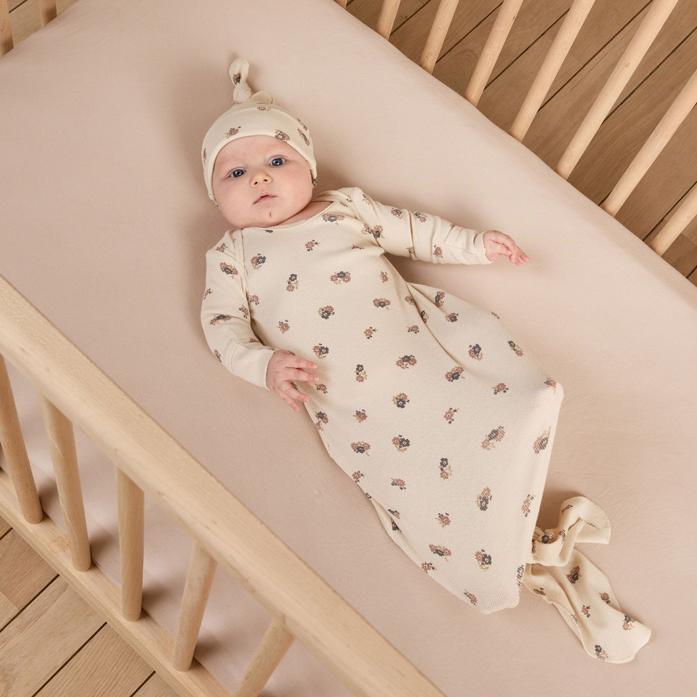 Knotted Baby Gown & Hat Set - Wild Flowers Print | 100% Natural Cotton | Newborn Photoshoot & Hospital Outfit | FINAL SALE
