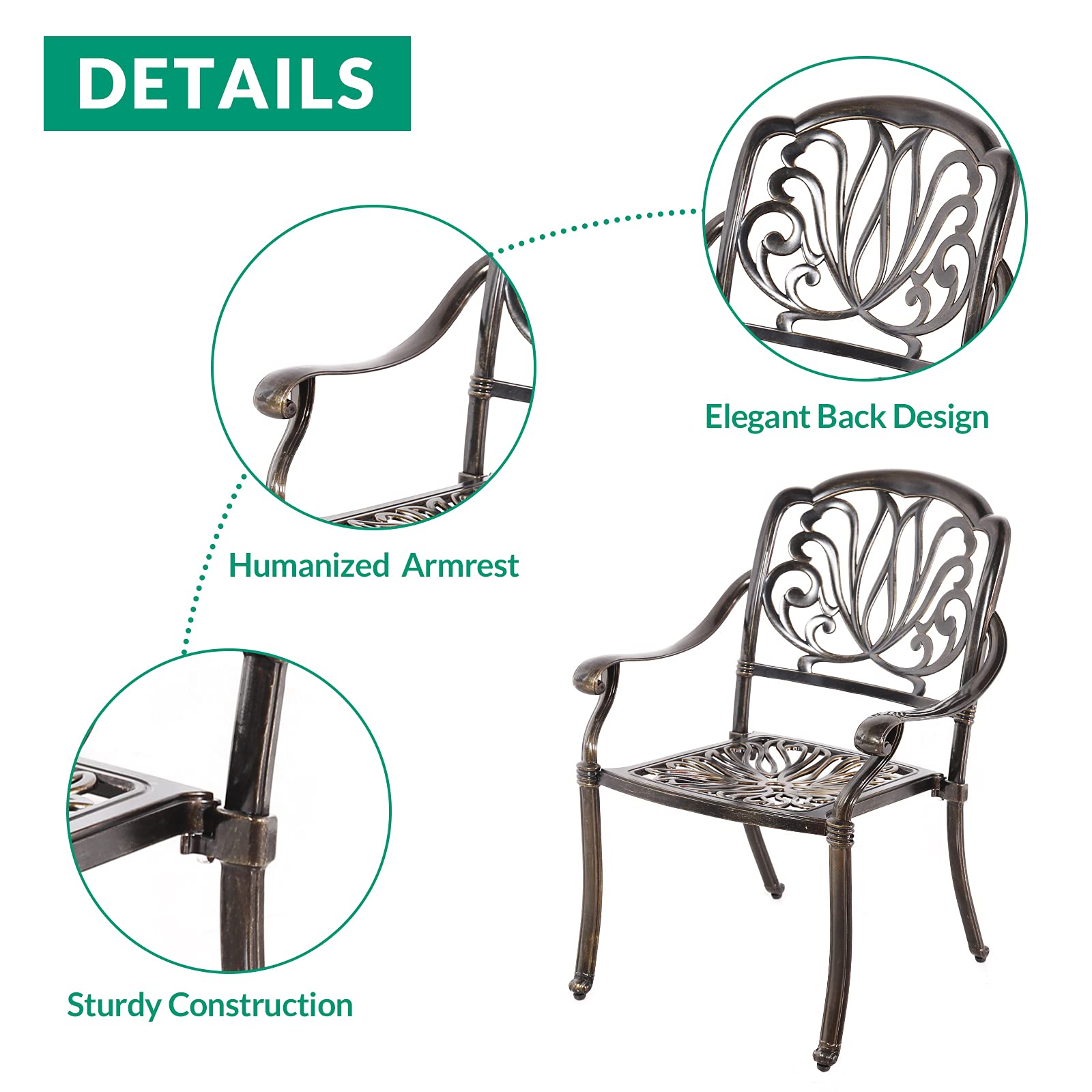 VIVIJASON 3-Piece Outdoor Patio Bistro Set - All-Weather Cast Aluminum Dining Table & Chairs with 35.4