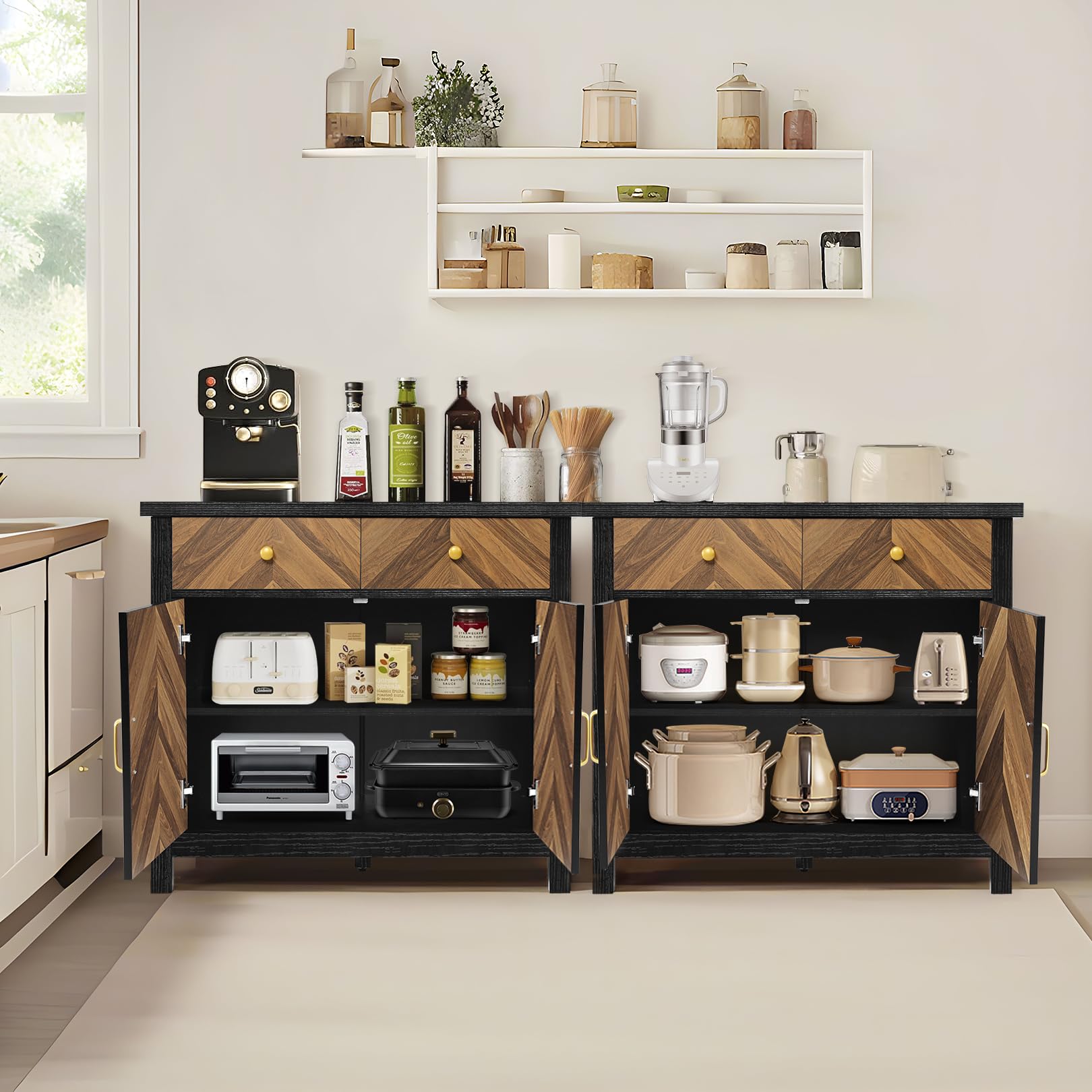 Mid-Century Modern Buffet Cabinet with Drawers & Shelves - 36