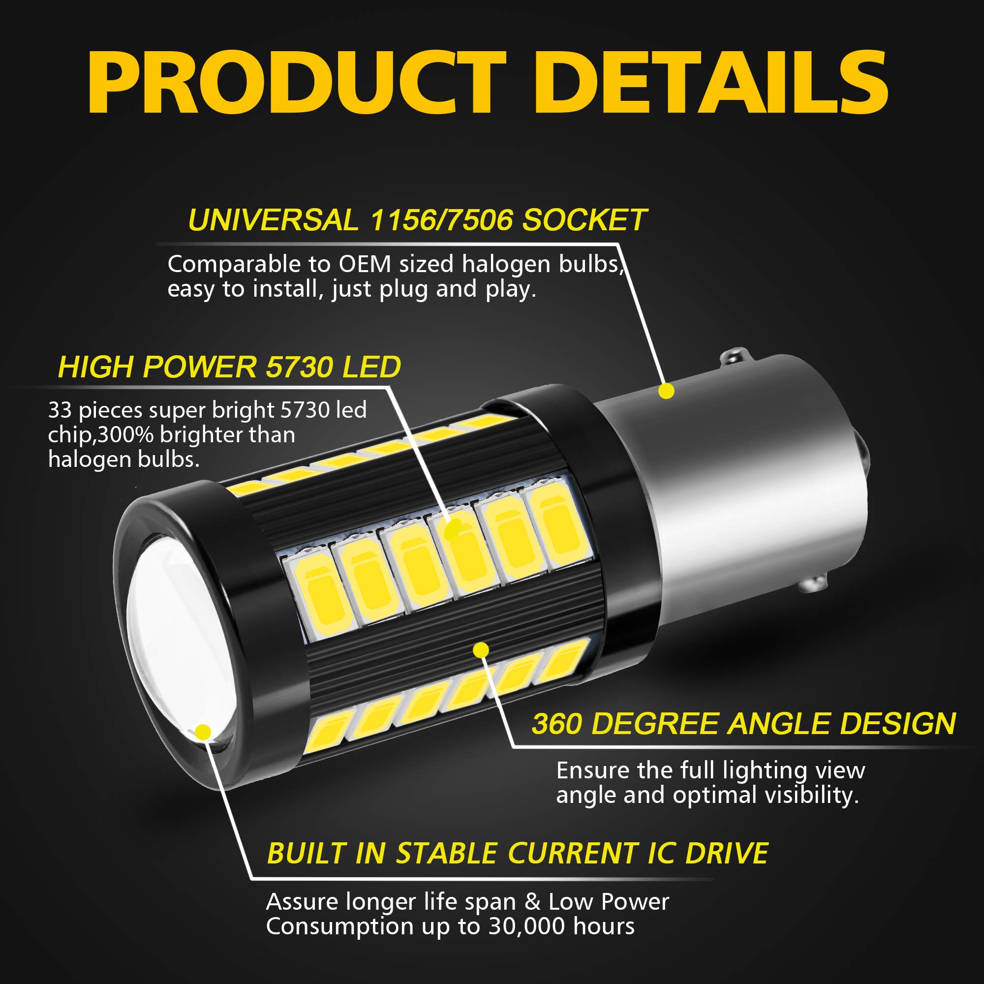 AUXLIGHT 1400 Lumens BA15S LED Bulbs - 1156 7506 1141 Replacement - Super Bright 6000K Xenon White for Backup Reverse Lights, Tail Brake & Parking Lights - Low Power Consumption - Perfect for Cars, Trucks & Motorcycles (Pack of 2)