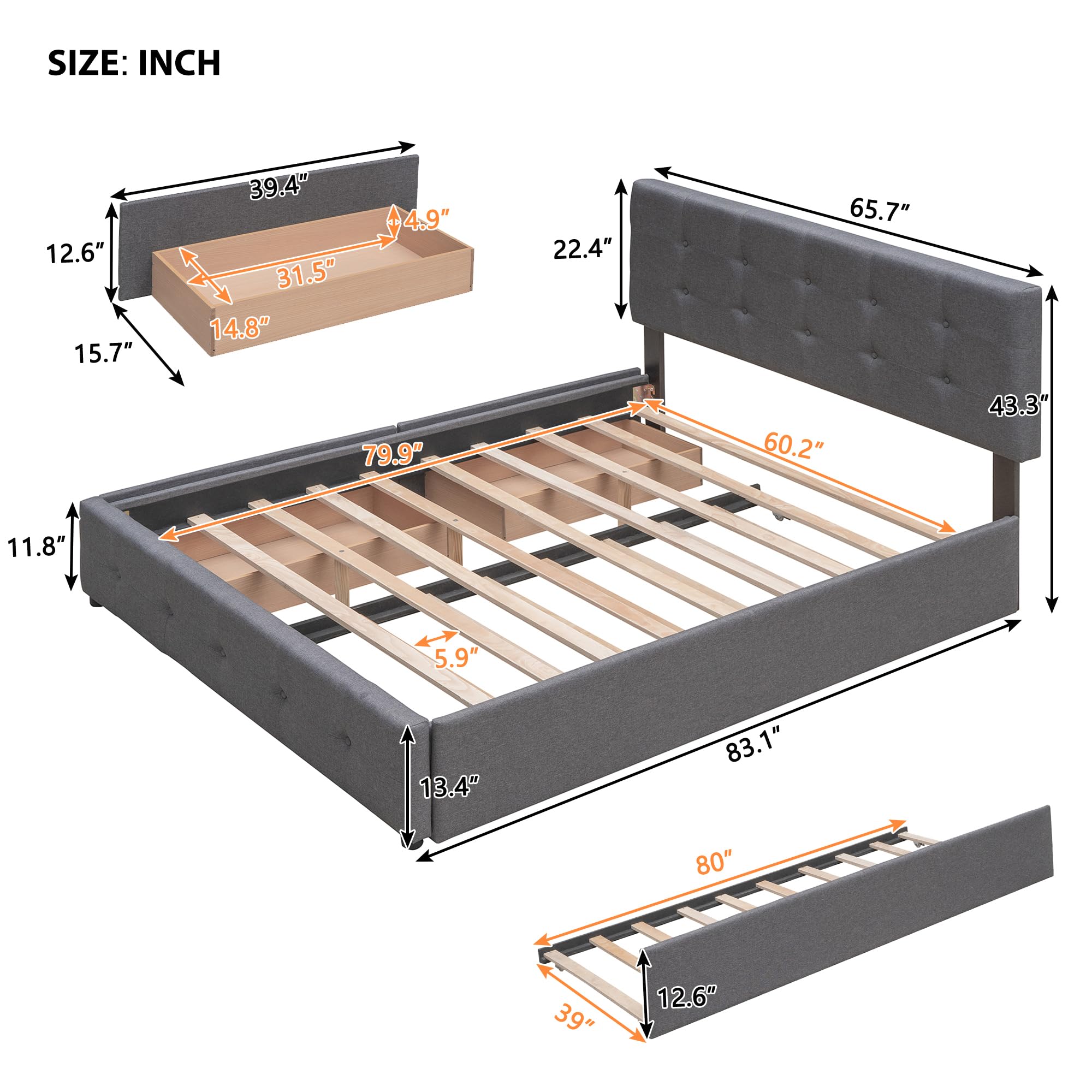 P PURLOVE Queen Size Upholstered Platform Bed Frame with Tufted Headboard & 2 Storage Drawers - No Box Spring Needed, Dark Gray Linen Fabric - Perfect for Small Bedrooms, Guest Rooms & Modern Apartments